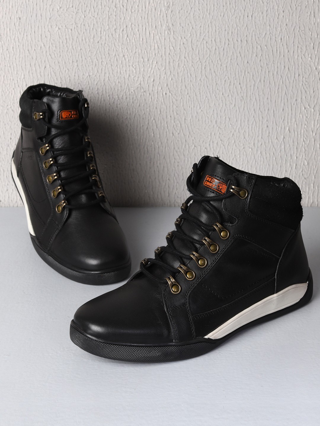 

Red Chief Men Leather Lace-Up Biker Boots, Black