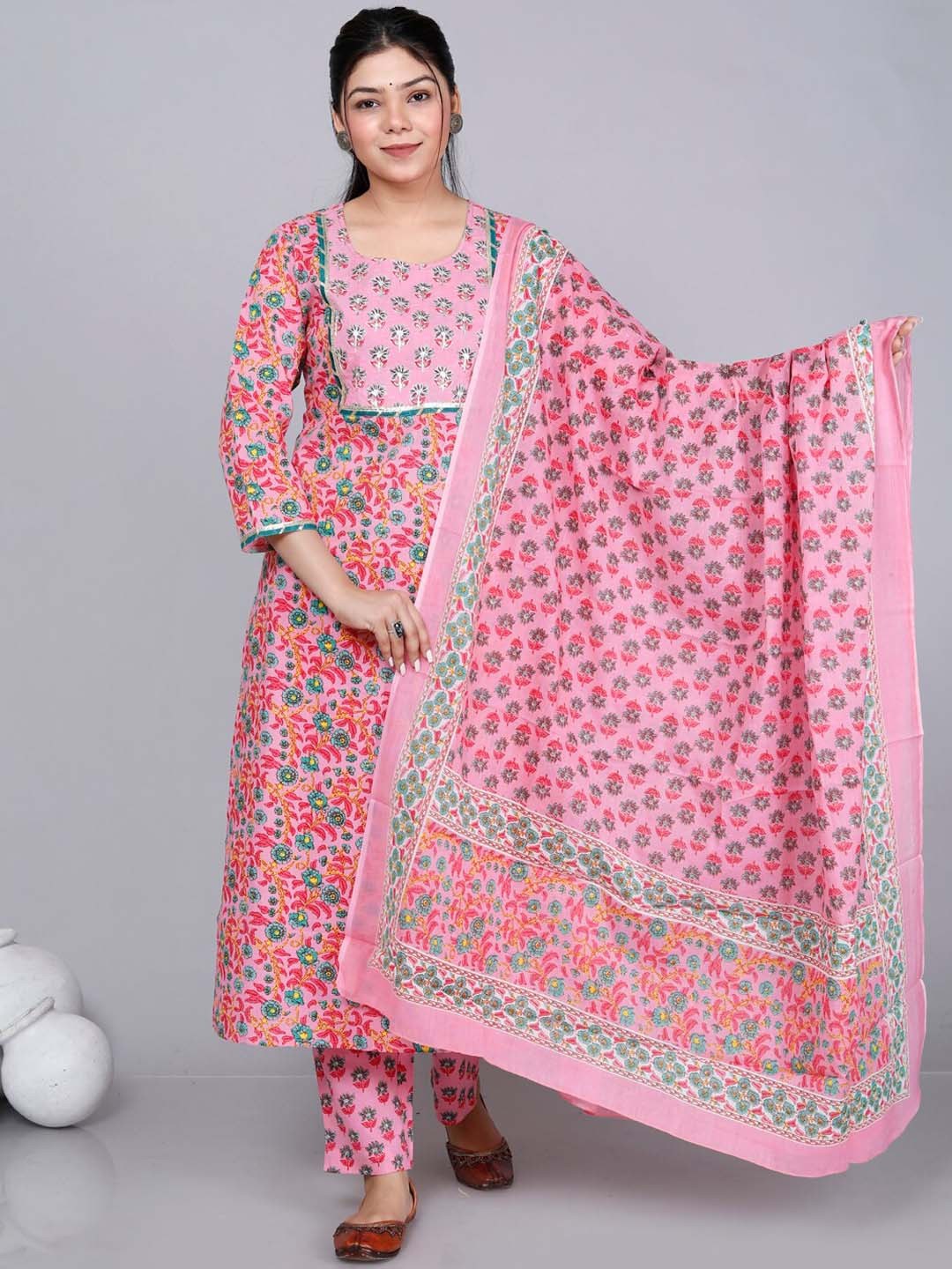 

gvs shoppe Floral Printed Zari Pure Cotton Kurta with Palazzos & Dupatta, Pink