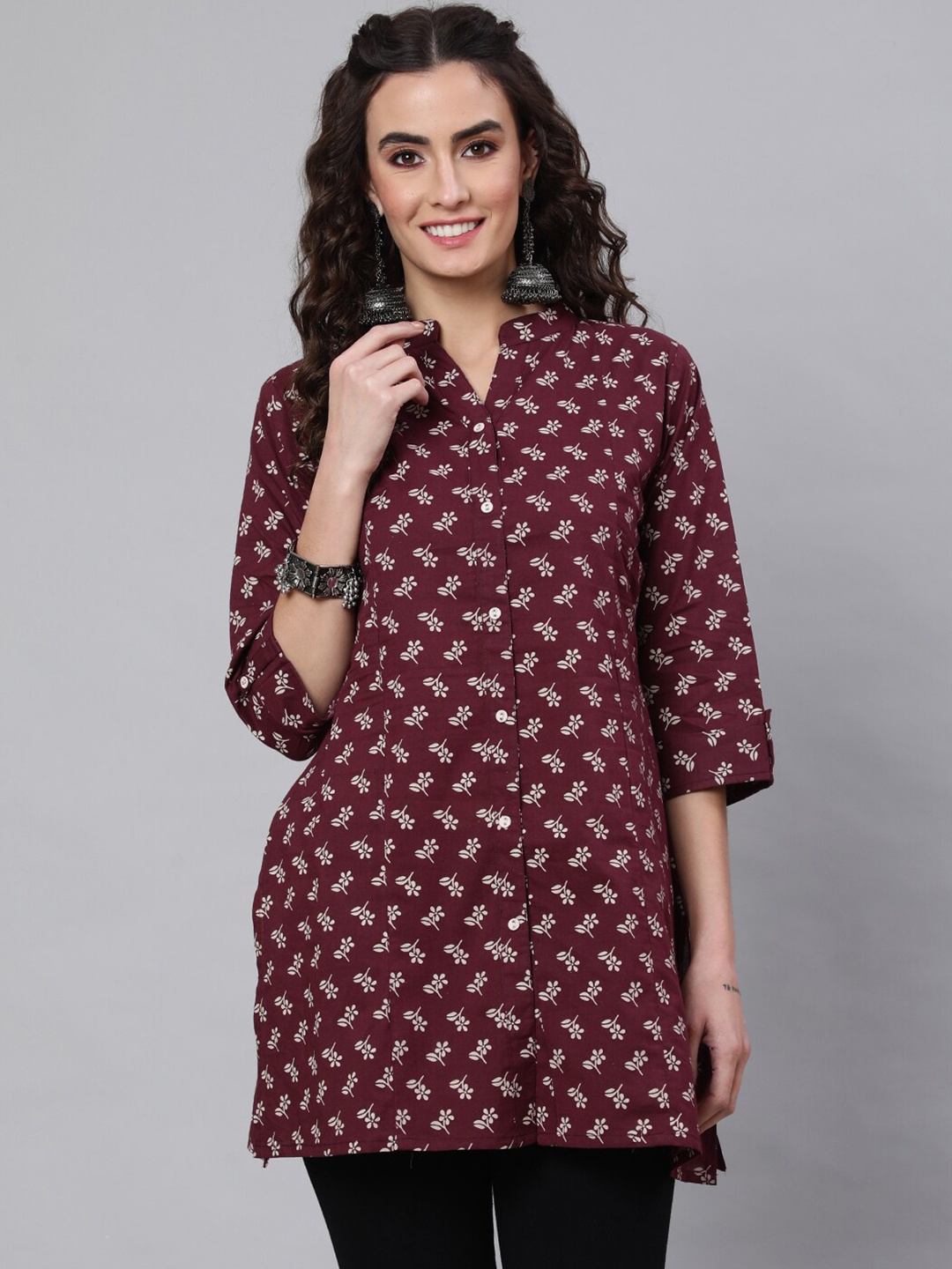 

Nayo Burgundy Mandarin Collar Floral Printed Cotton Tunic