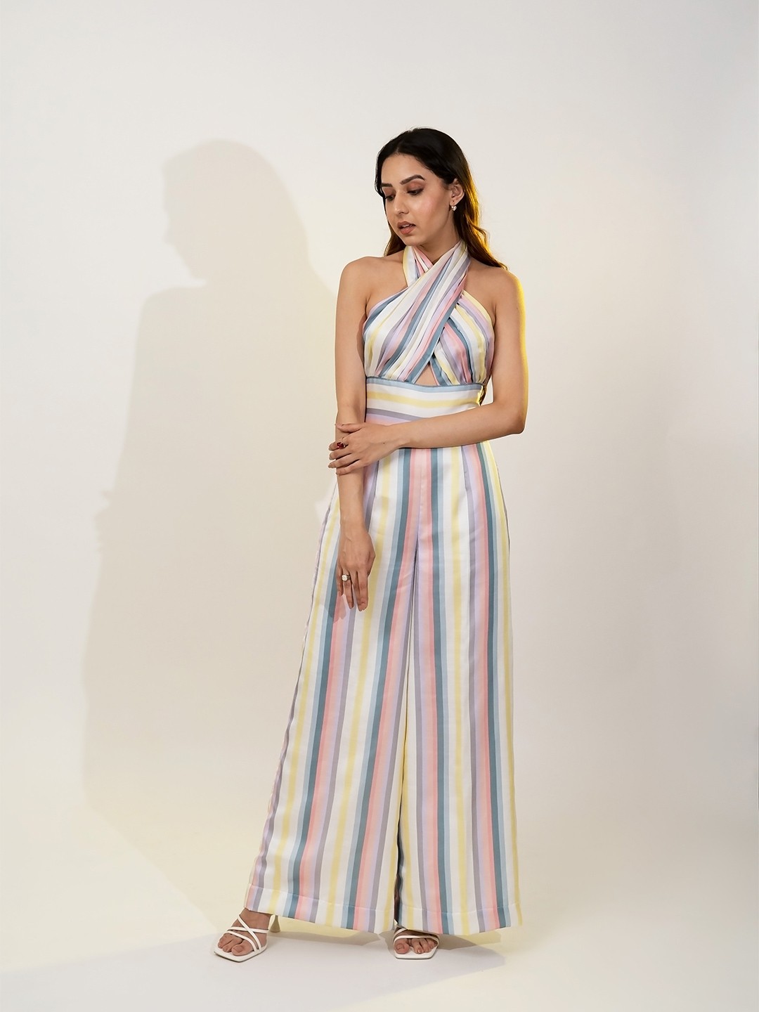 

POPPI Halter Neck Striped Backless Basic Jumpsuit, Pink