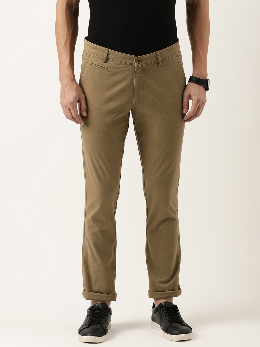 

IVOC Men Solid Slim Fit Mid-Rise Cotton Lycra Chinos Trousers, Khaki