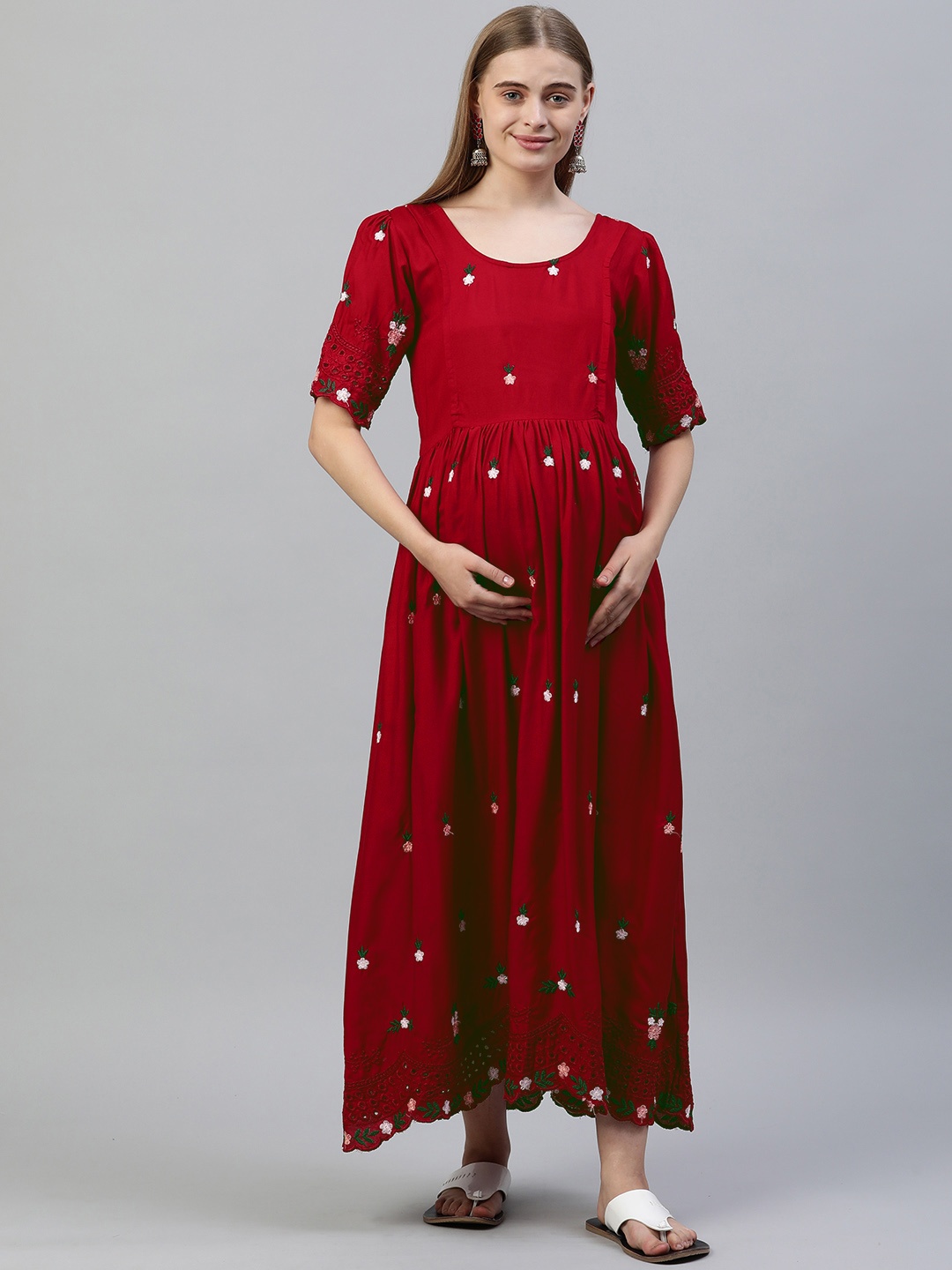 

Swishchick Floral Embroidered Maternity A-Line Maxi Dress, Red