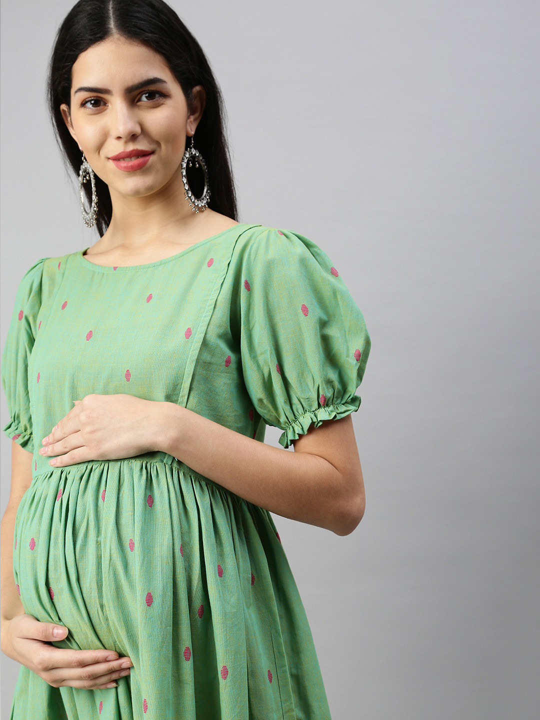 

Swishchick Puff Sleeves Embroidered Maternity A-Line Midi Dress, Green