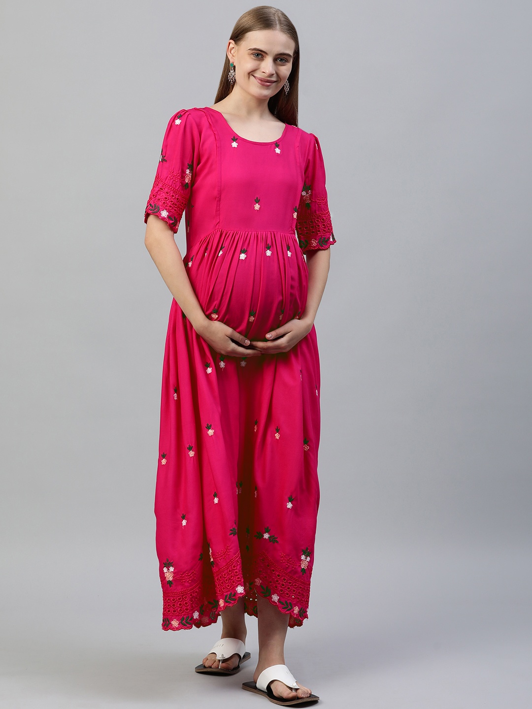 

Swishchick Floral Embroidered Maternity A-Line Midi Dress, Pink
