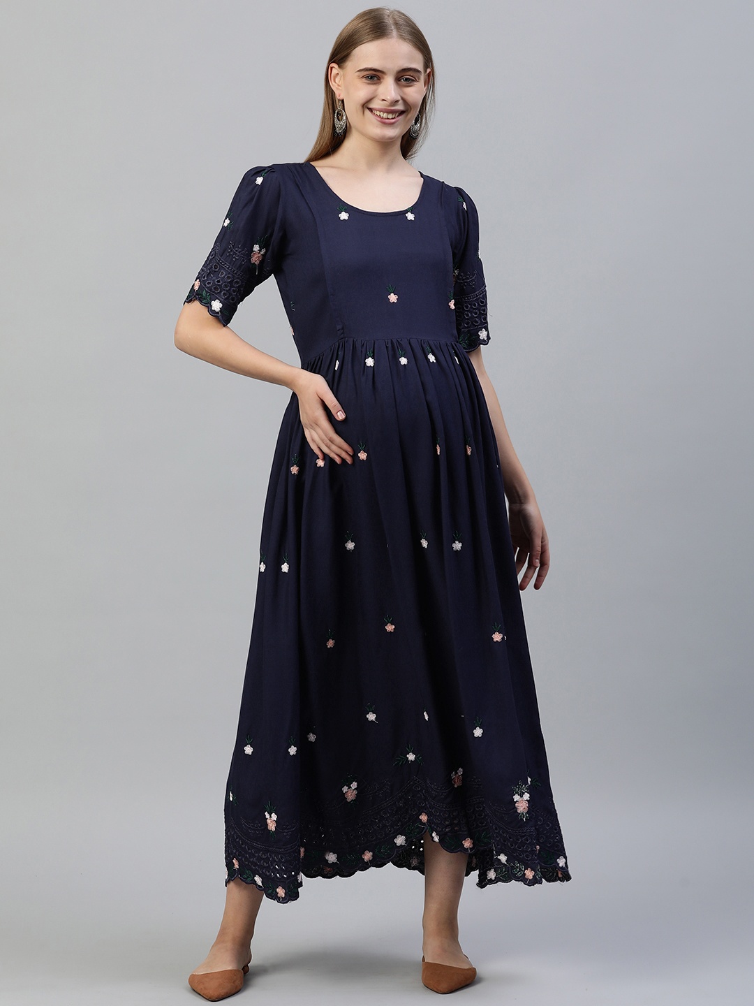 

Swishchick Floral Embroidered Maternity A-Line Maxi Dress, Navy blue