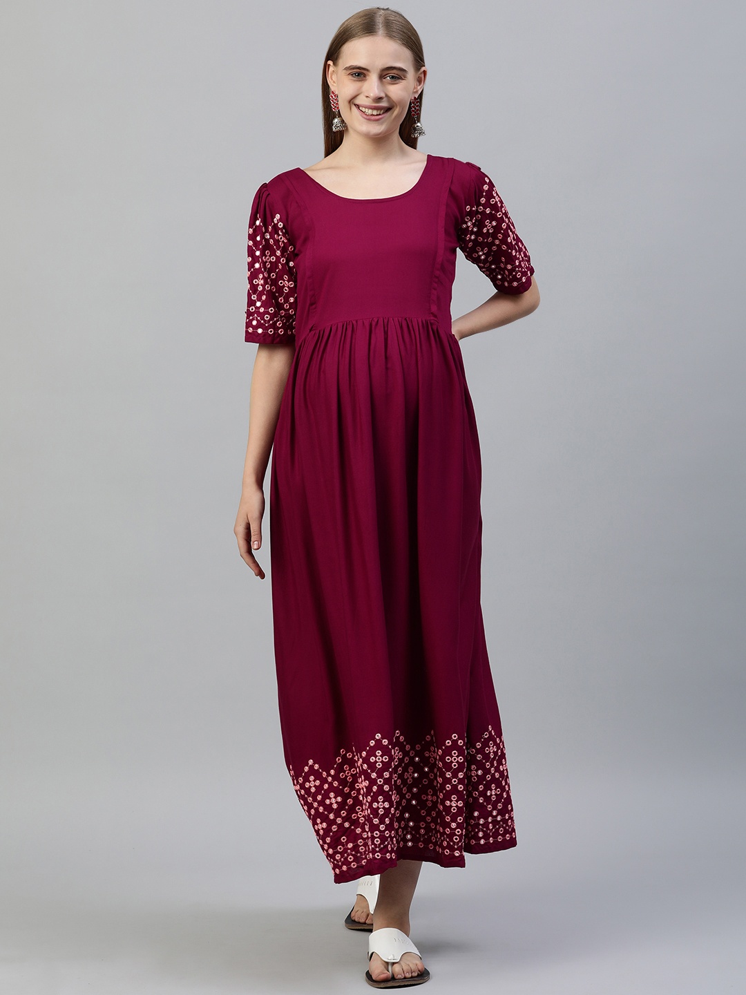 

Swishchick Embroidered Maternity Fit & Flare Maxi Dress, Burgundy