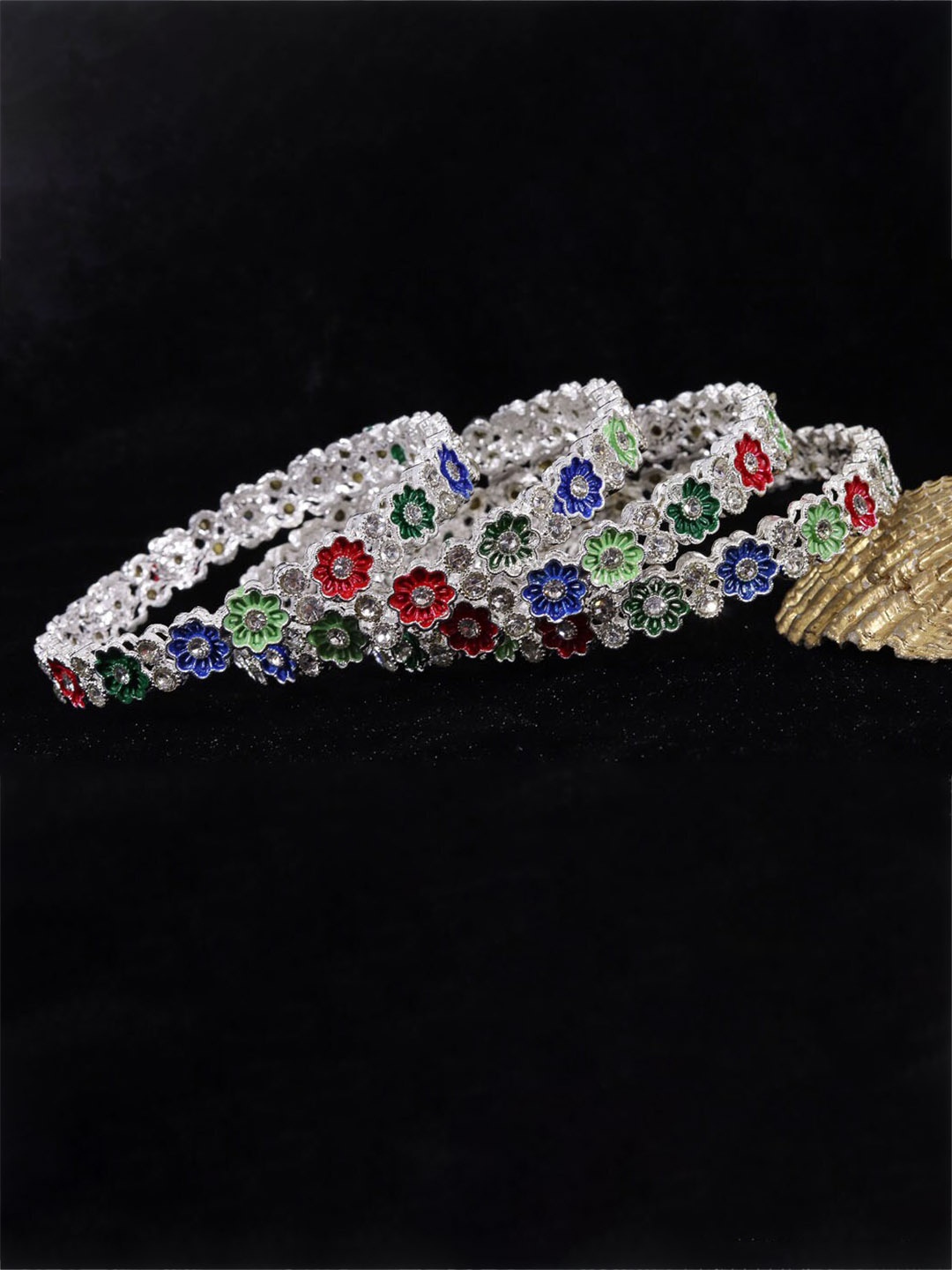 

NMII Set Of 4 Zircon-Studded Glossy Finished Metal Bangles, White
