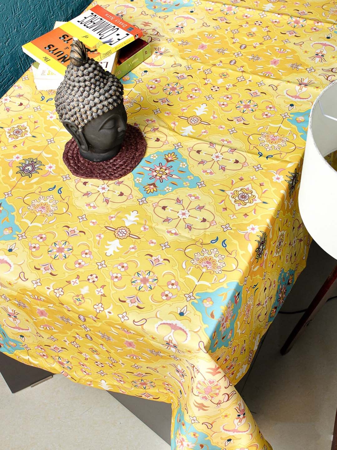 

URBAN SPACE Sicilia Yellow & Blue Printed Linen Cotton 4-Seater Table Cover