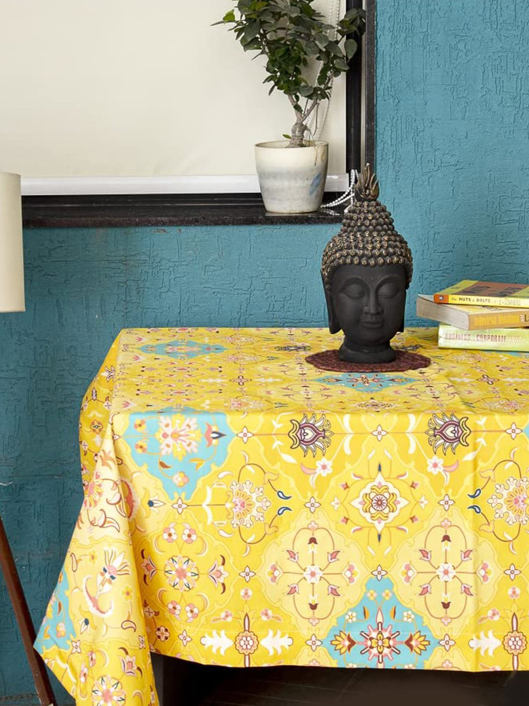 

URBAN SPACE Sicilia Yellow Ethnic Motifs Printed 6-Seater Table Cover