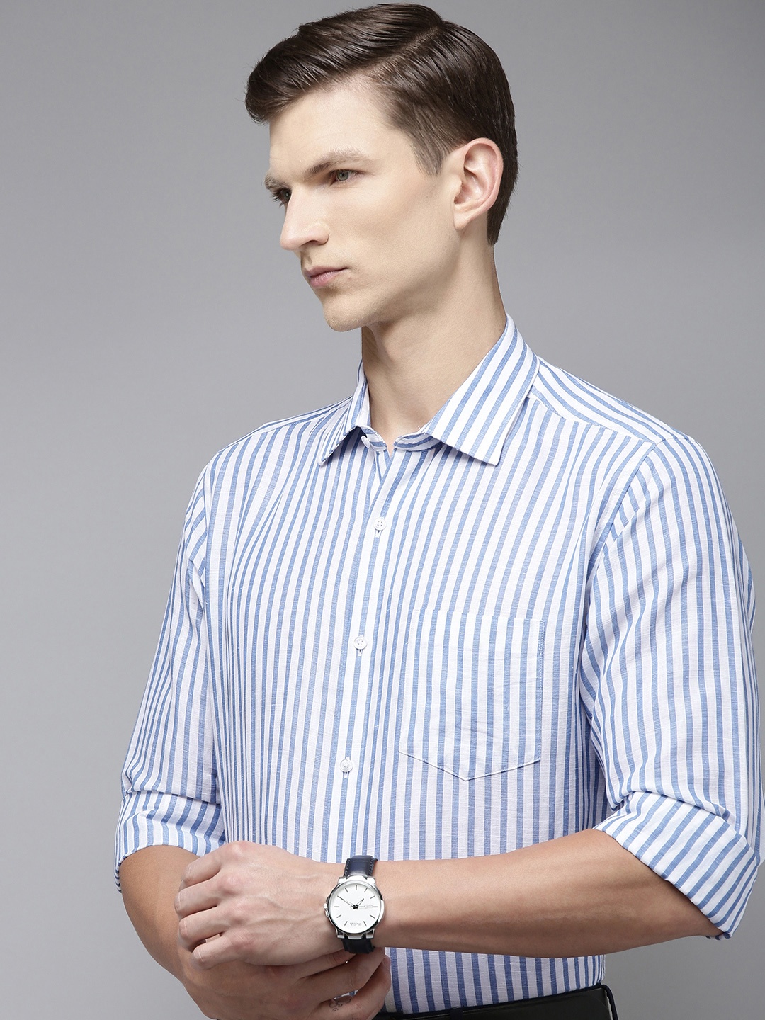 

Van Heusen Men Striped Linen Cotton Formal Shirt, Blue
