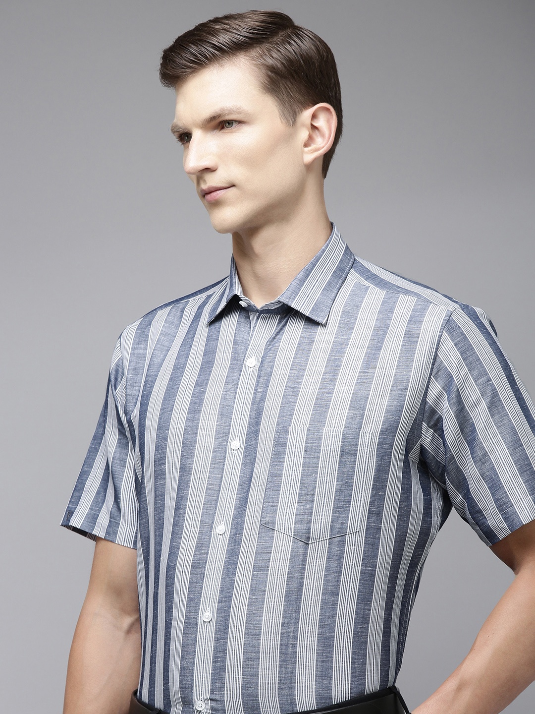 

Van Heusen Men Linen Cotton Striped Formal Shirt, Grey melange
