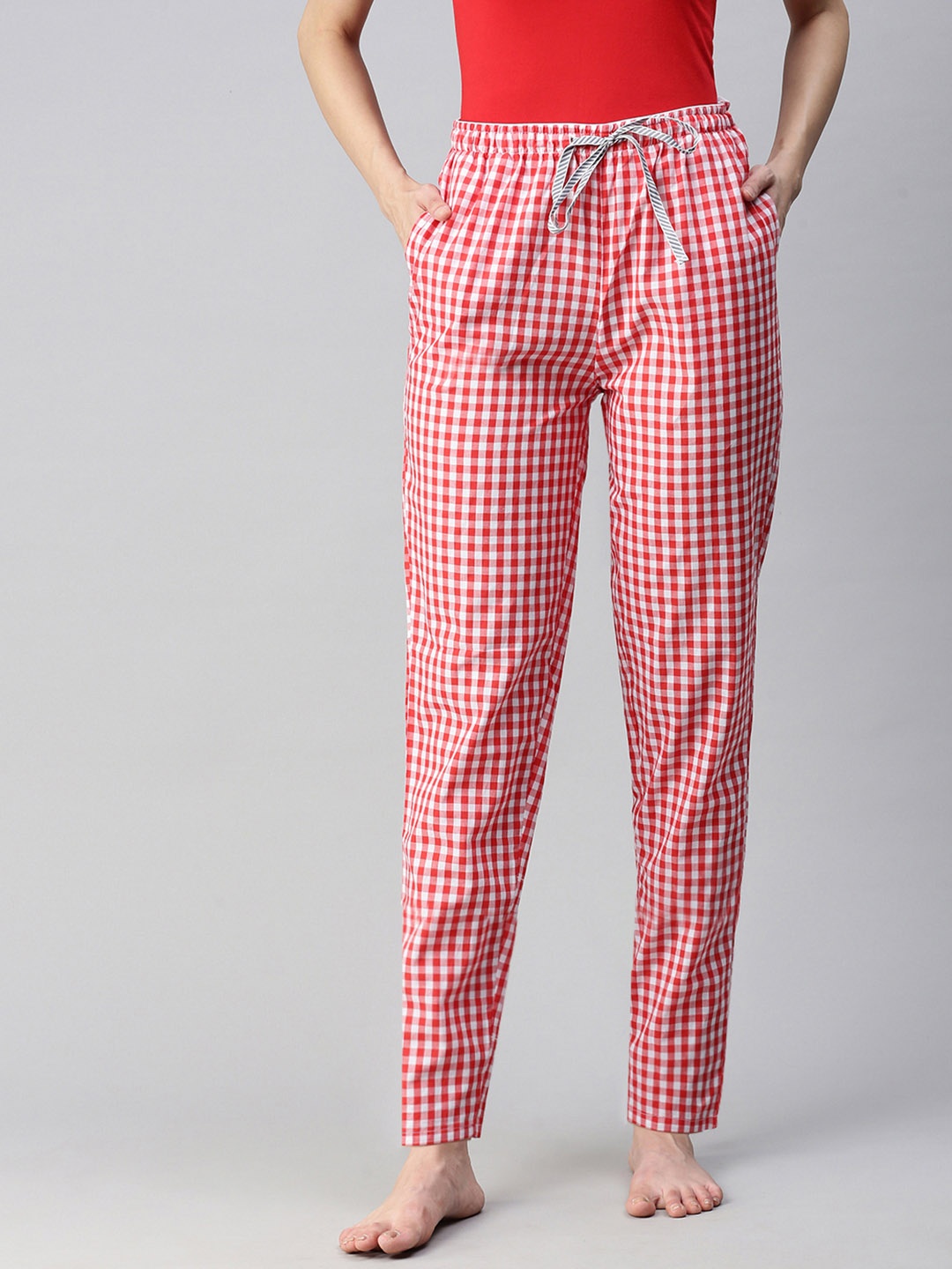 

Bareblow Women Checked Mid-Rise Cotton Lounge Pants, Red