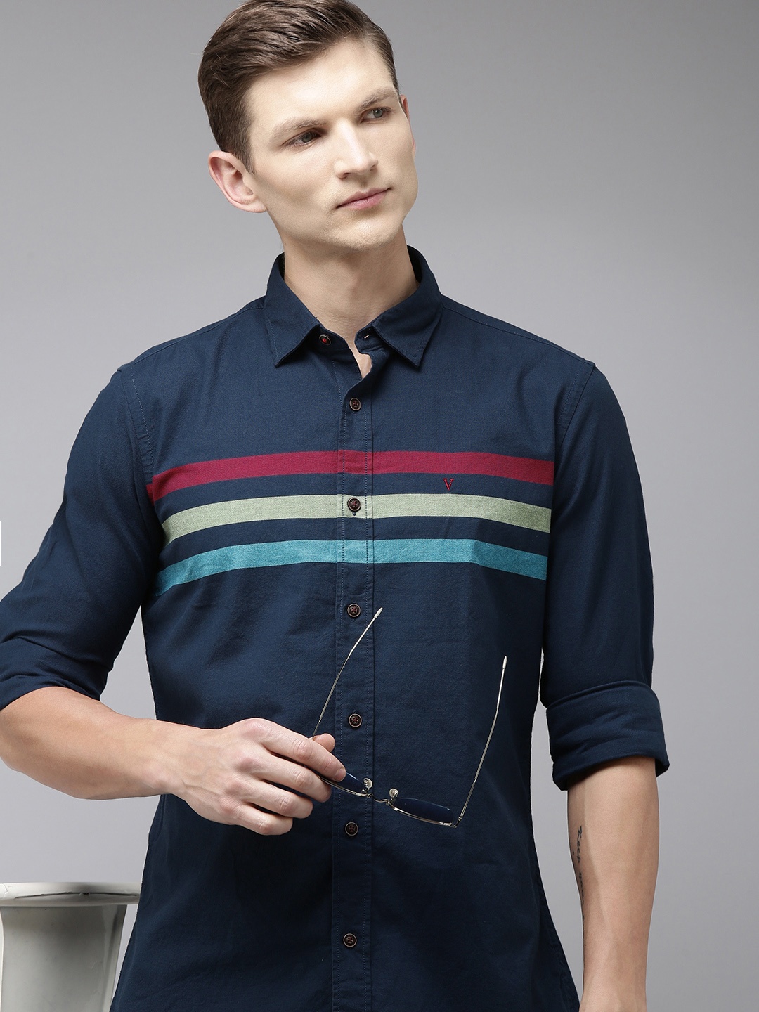 

Van Heusen Sport Slim Fit Horizontal Stripes Striped Casual Shirt, Navy blue