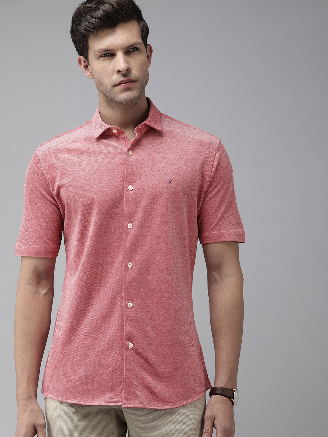 

Van Heusen Sport Pure Cotton Self Design Textured Slim Fit Opaque Casual Shirt, Red