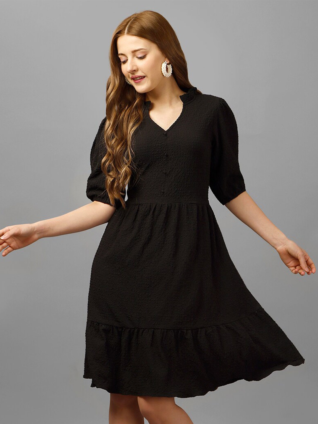 

Fbella Puff Sleeve Fit & Flare Dress, Black