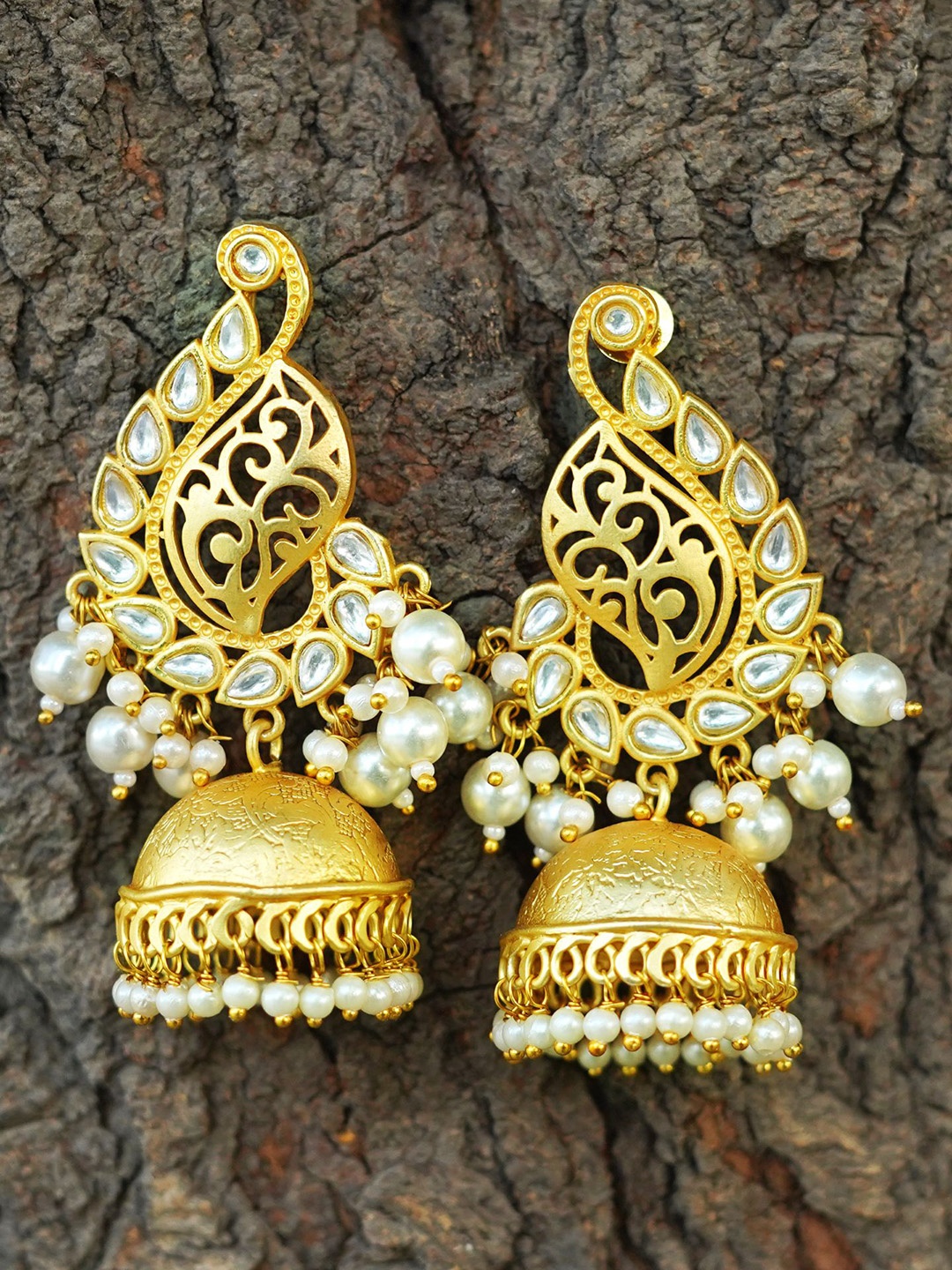 

MANSIYAORANGE Gold-Plated Floral Kundan & Pearls Jhumkas