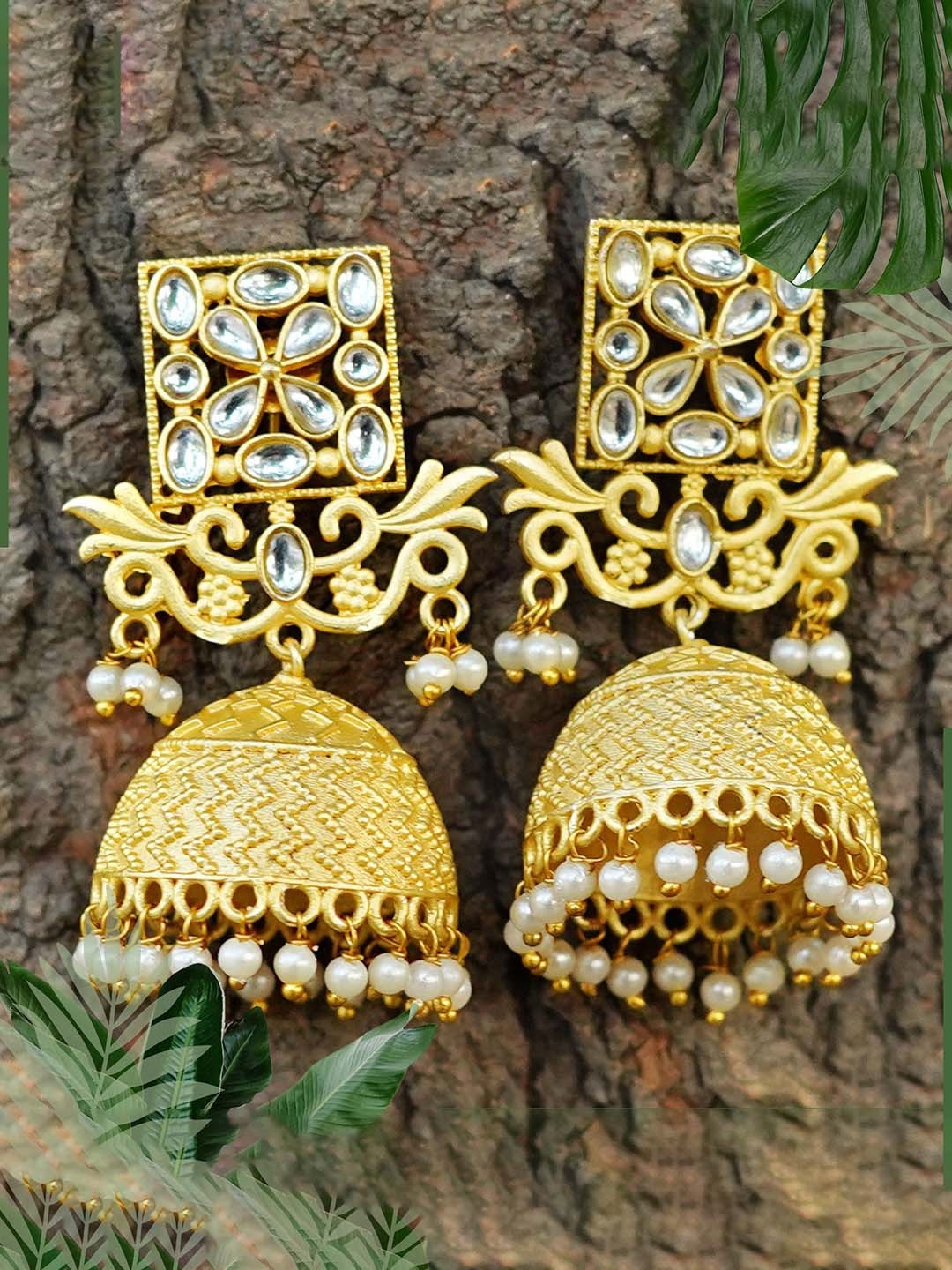 

MANSIYAORANGE Gold-Plated Floral Kundan & Pearls Jhumkas