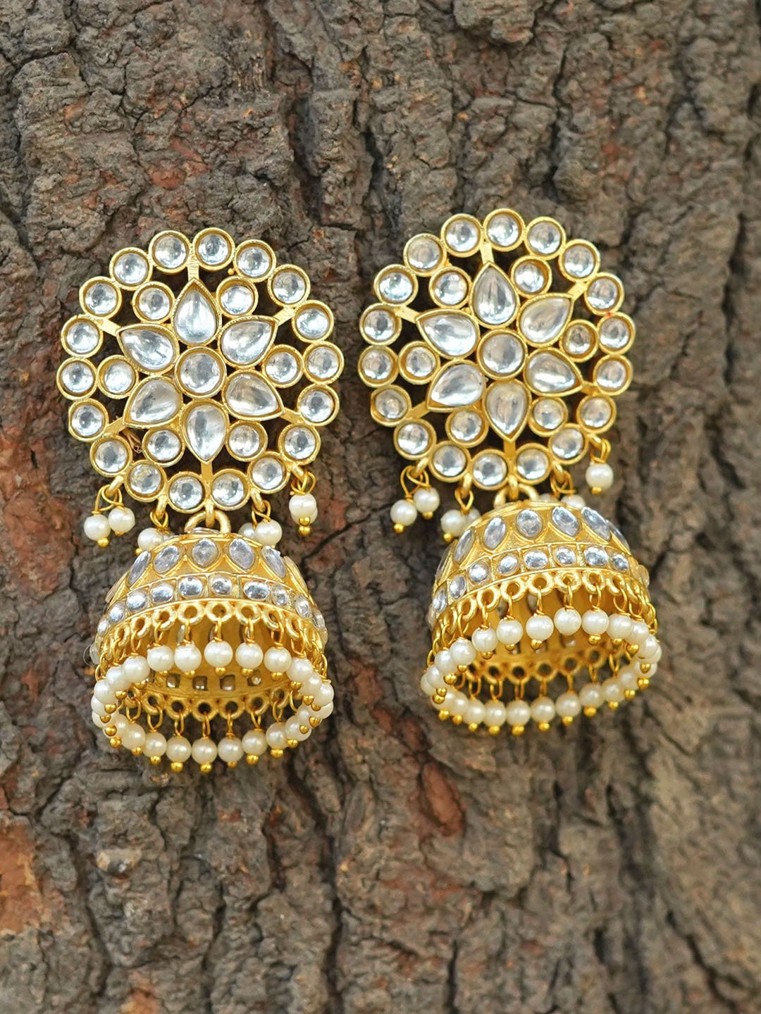 

MANSIYAORANGE Gold-Plated Floral Kundan & Pearls Jhumkas