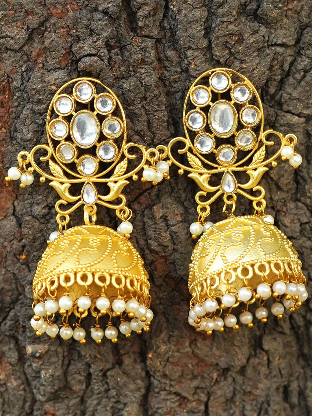 

MANSIYAORANGE Gold-Plated Floral Kundan & Pearls Jhumkas