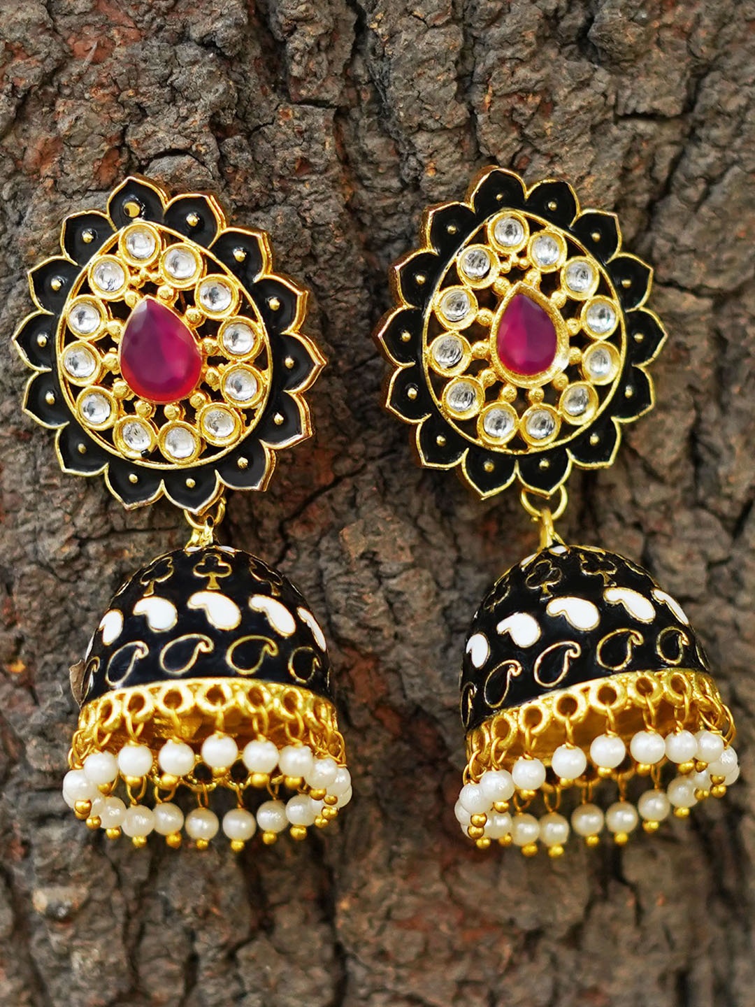 

MANSIYAORANGE Gold-Plated Classic Kundan & Pearls Jhumkas