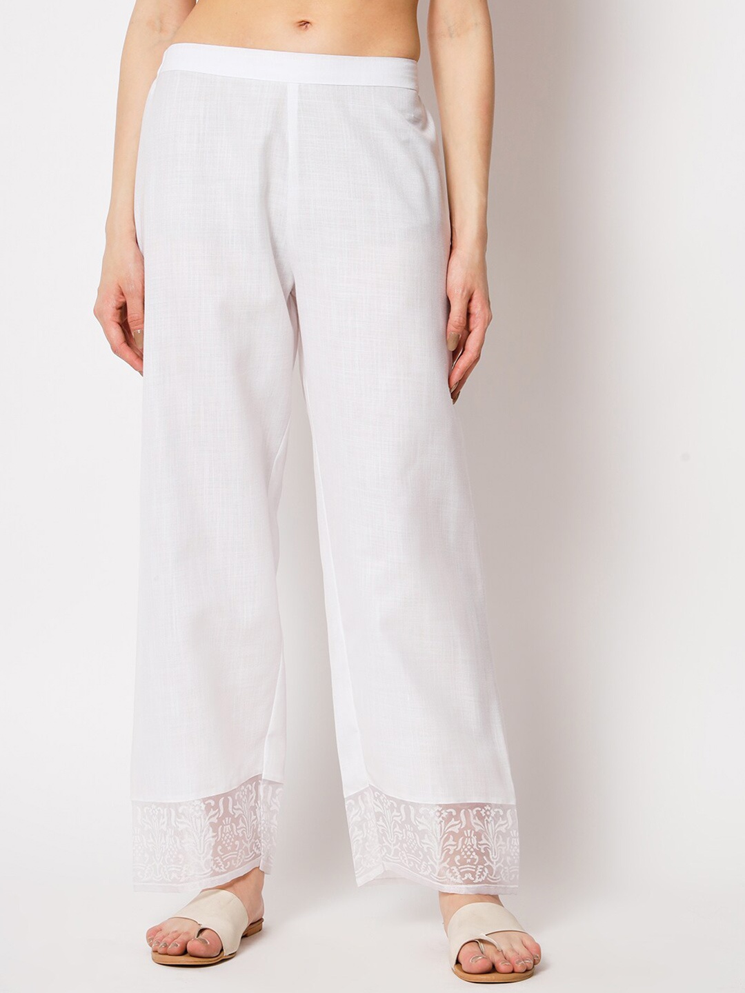 

9rasa Women Mid-Rise Ethnic Motifs Hem Design Straight Palazzos, White