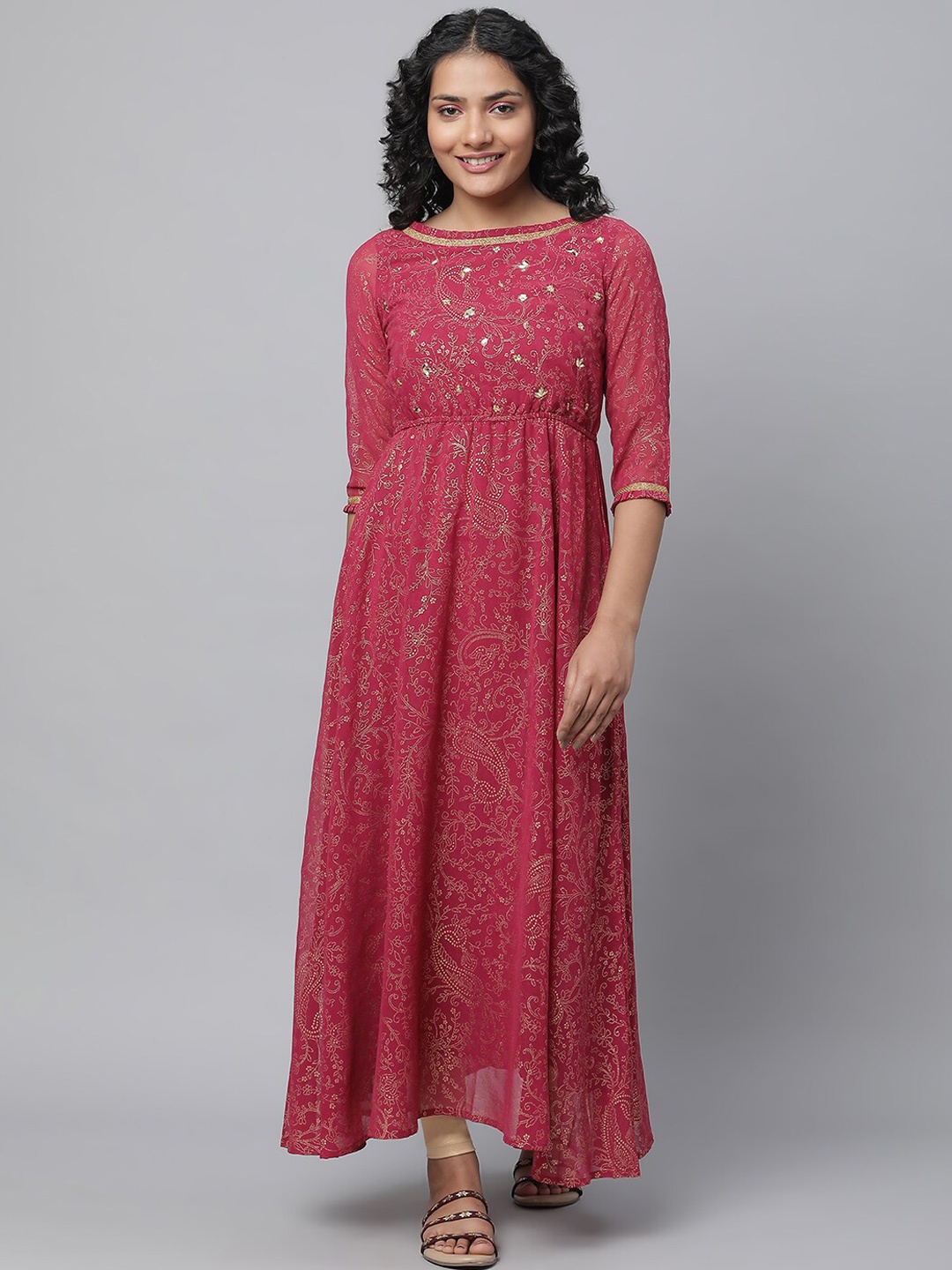 

AURELIA Ethnic Motifs Printed Boat Neck Gotta Patti A-Line Kurta With Leggings, Pink