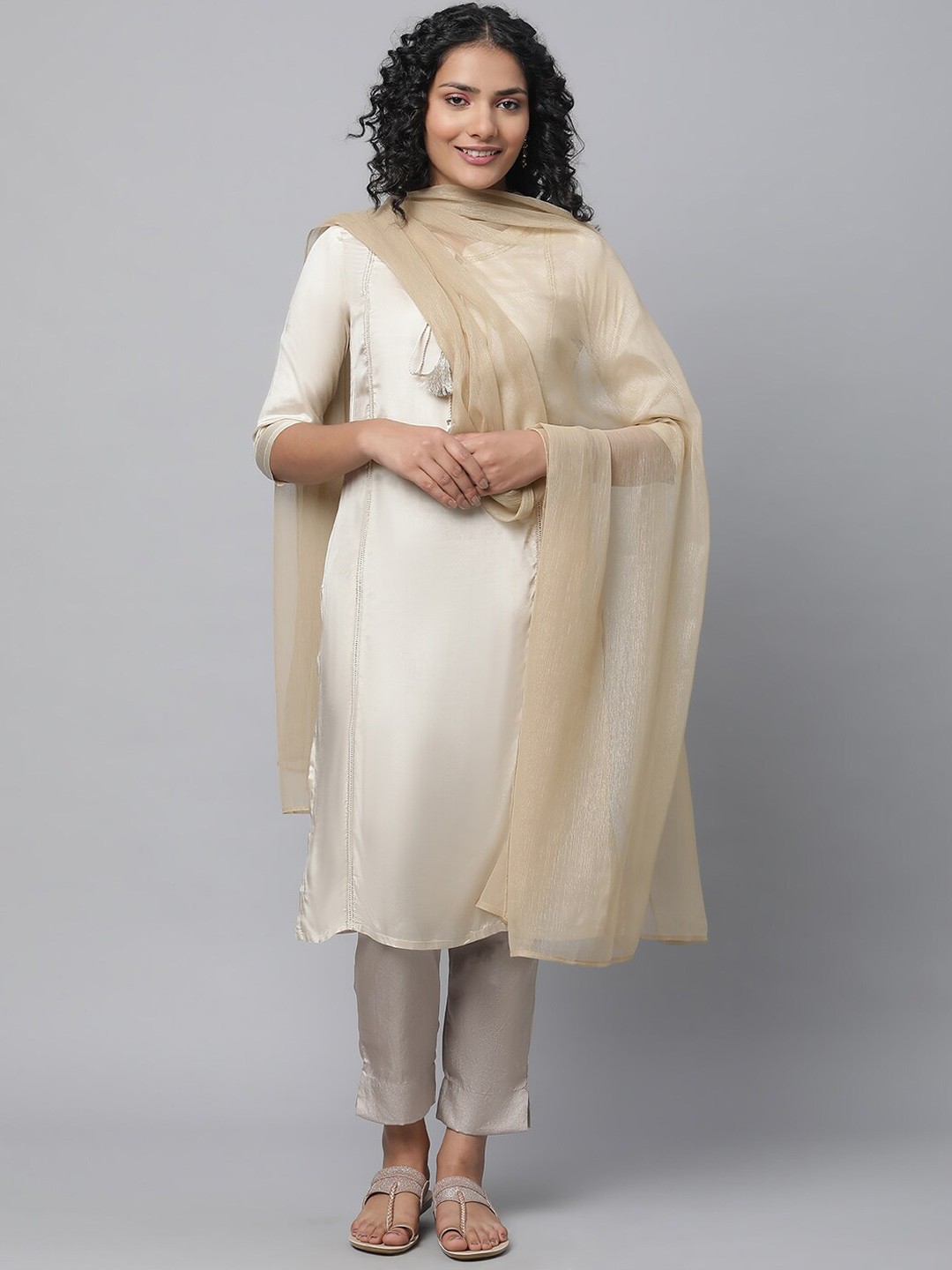 

AURELIA Tie Up Neck Sequinned Kurta With Trousers & Dupatta, Off white