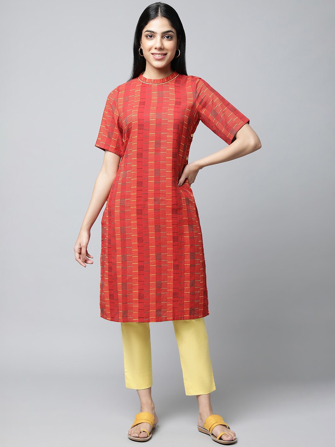 

AURELIA Striped Woven Design Pure Cotton Kurta With Trousers, Red