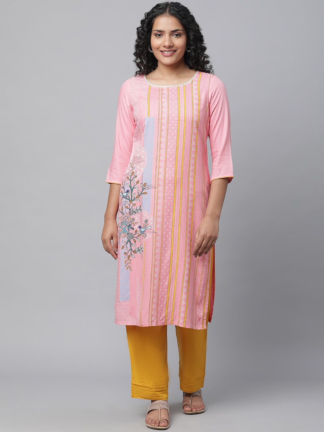 

AURELIA Floral Printed Straight Kurta With Palazzos, Pink