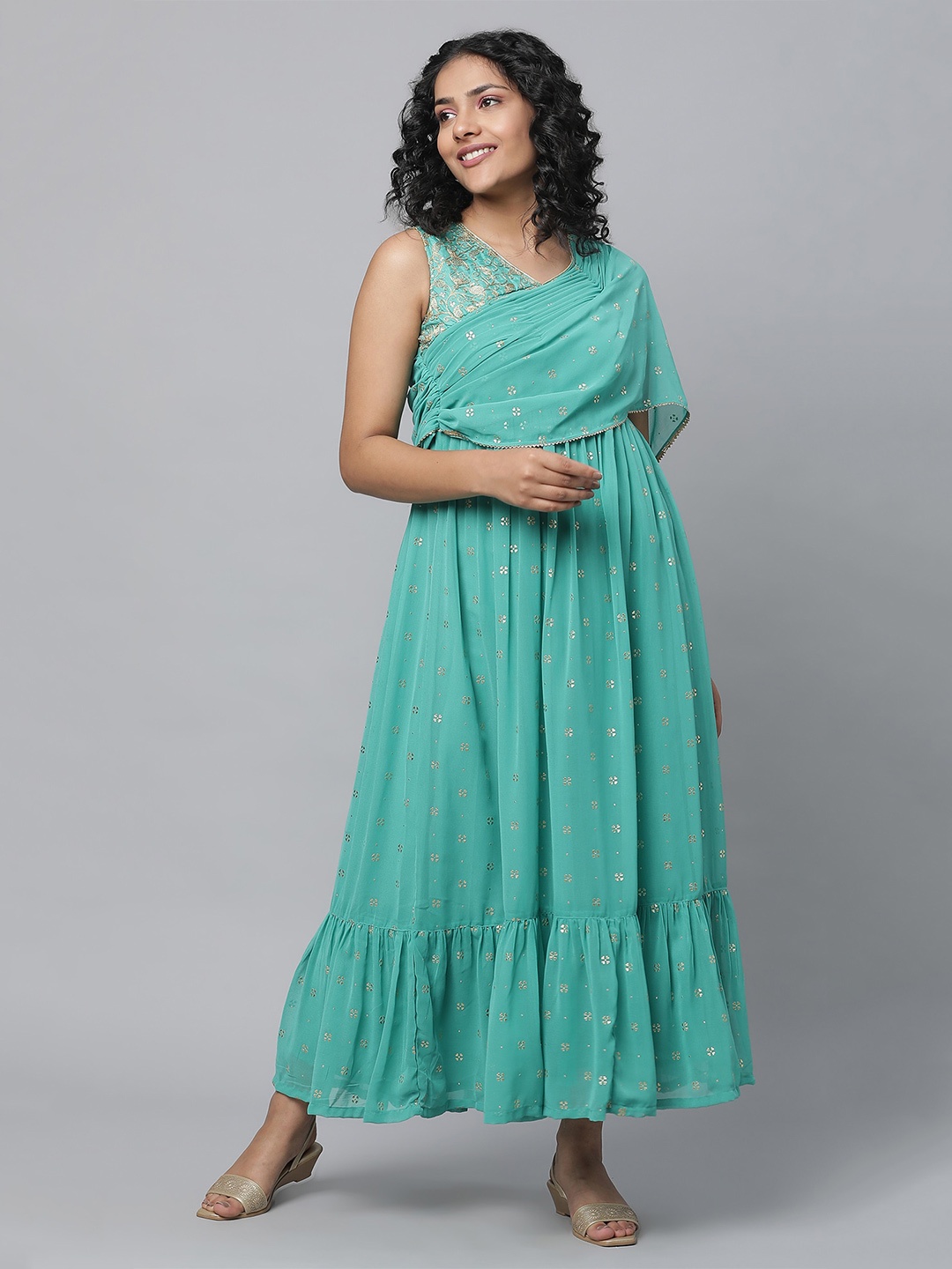 

AURELIA Floral Printed Embroidered Fit & Flare Maxi Dress, Green