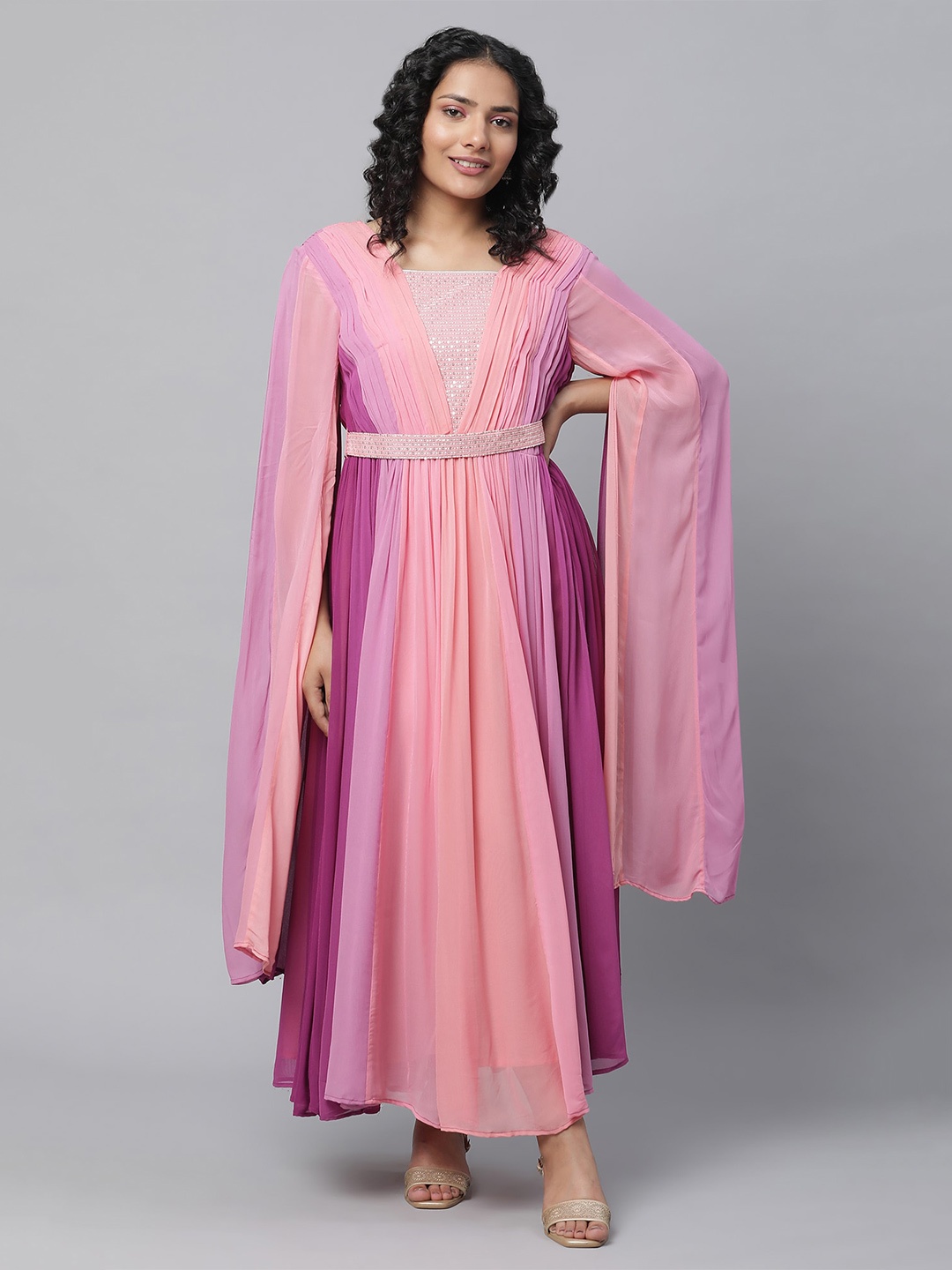 

AURELIA Striped Slit Sleeves Fit & Flare Maxi Dress With Belt, Purple