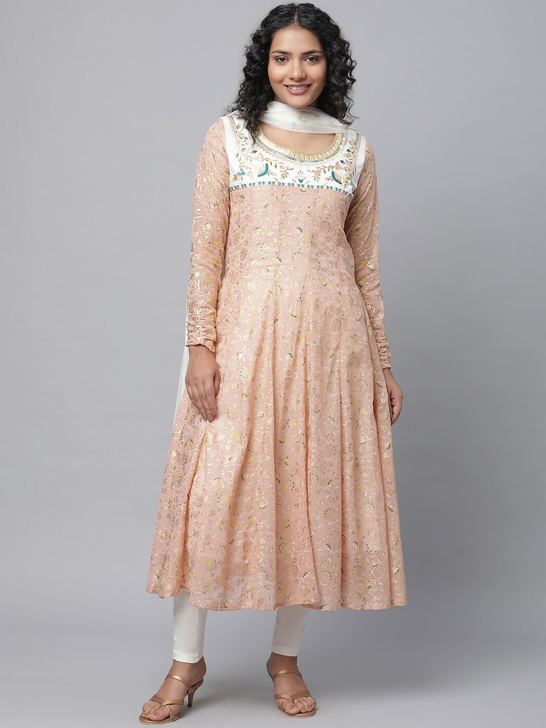 

AURELIA Floral Printed Thread Work Kurta With Leggings & Dupatta, Peach