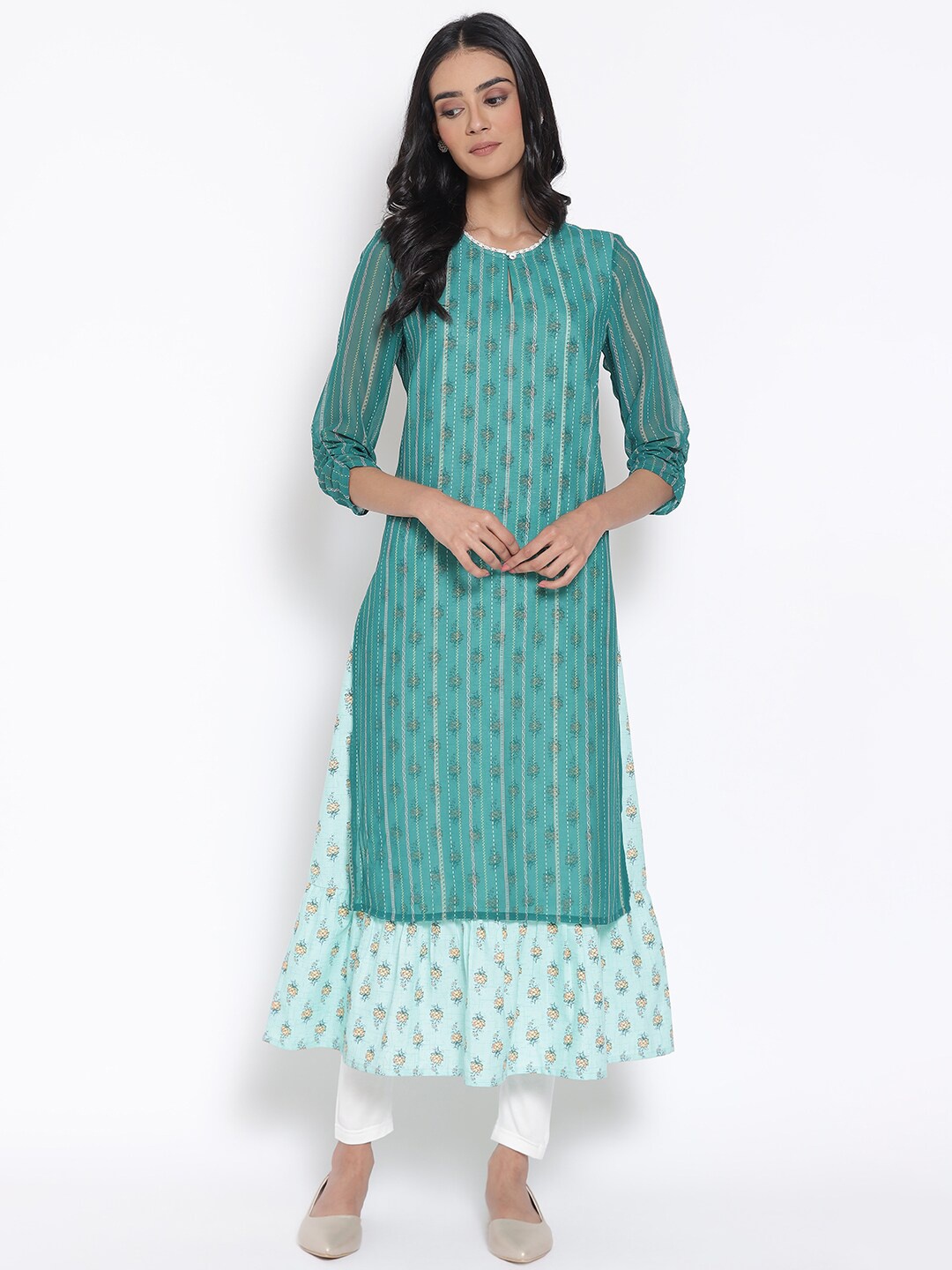 

AURELIA Keyhole Neck Ethnic Motifs Printed Kurta & Leggings, Green