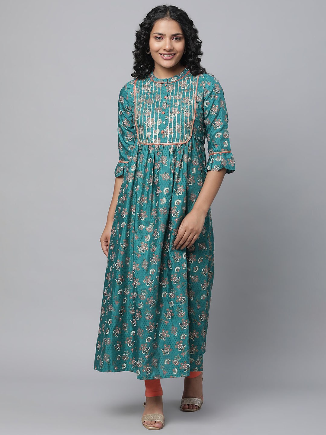 

AURELIA Floral Printed Pleated Sequinned Kurta & Leggings, Green