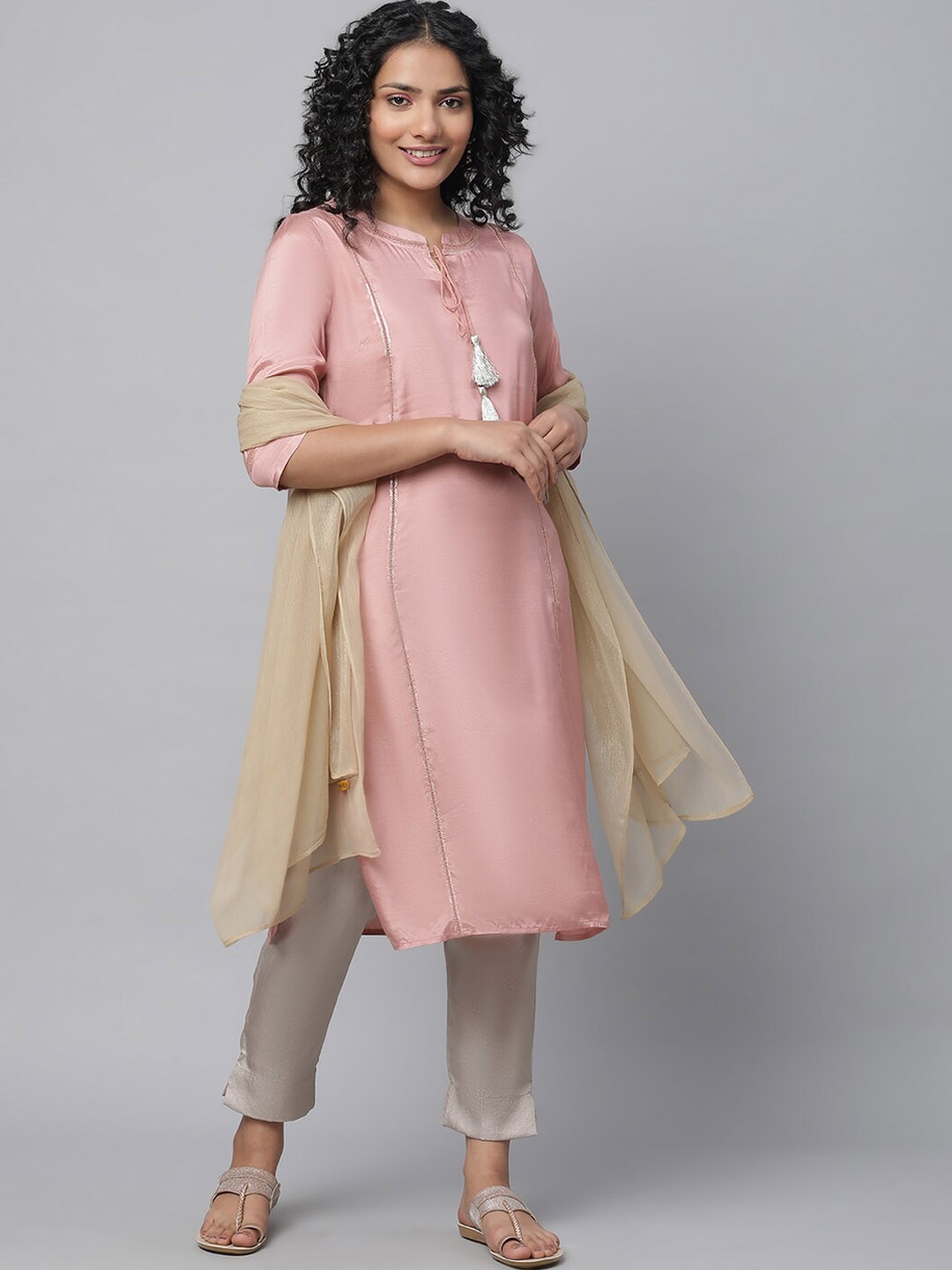 

AURELIA Tie-Up Neck Sequinned Kurta with Trousers & Dupatta, Pink