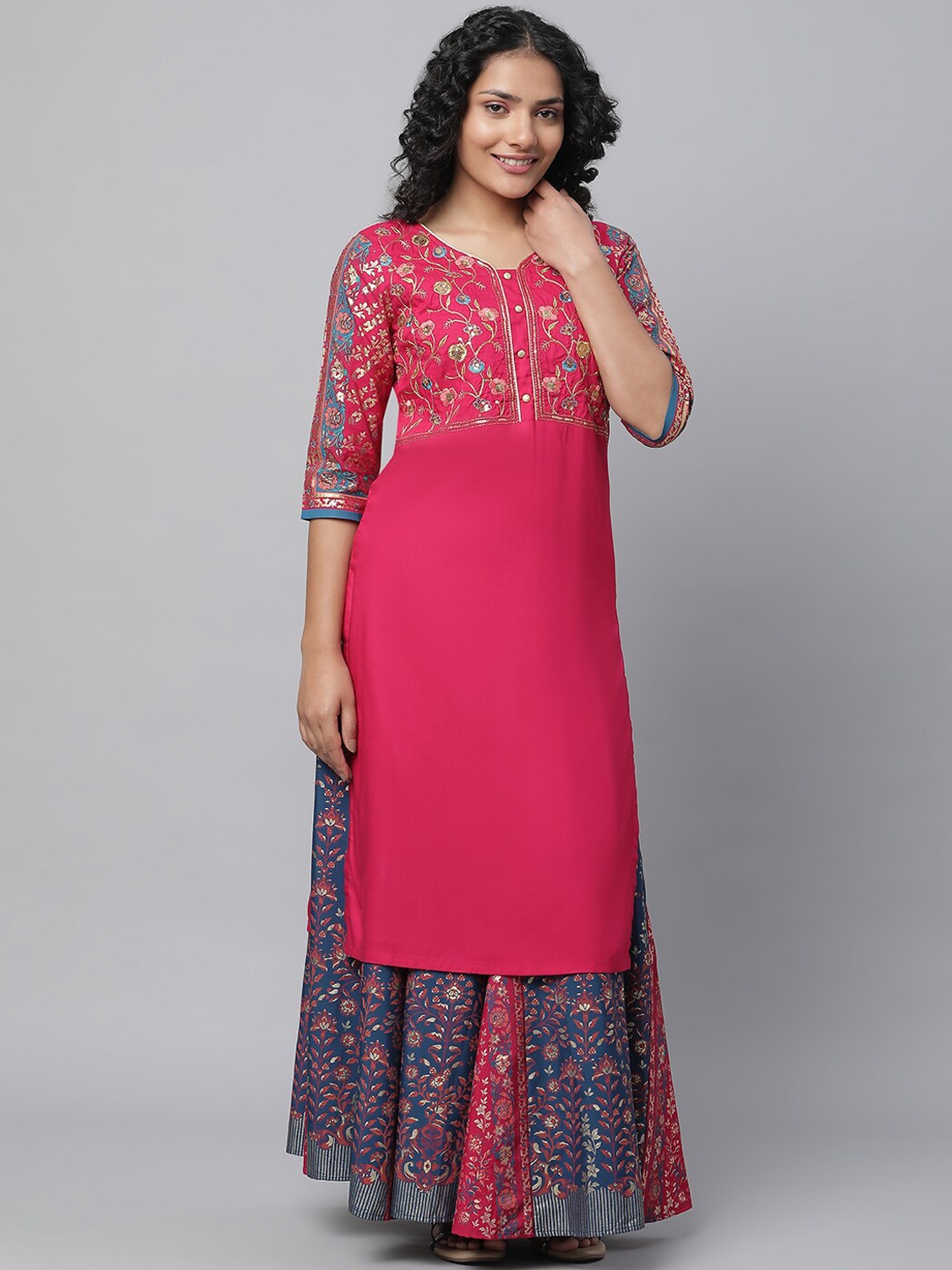 

AURELIA Floral Printed Sequinned Kurta with Skirt, Pink
