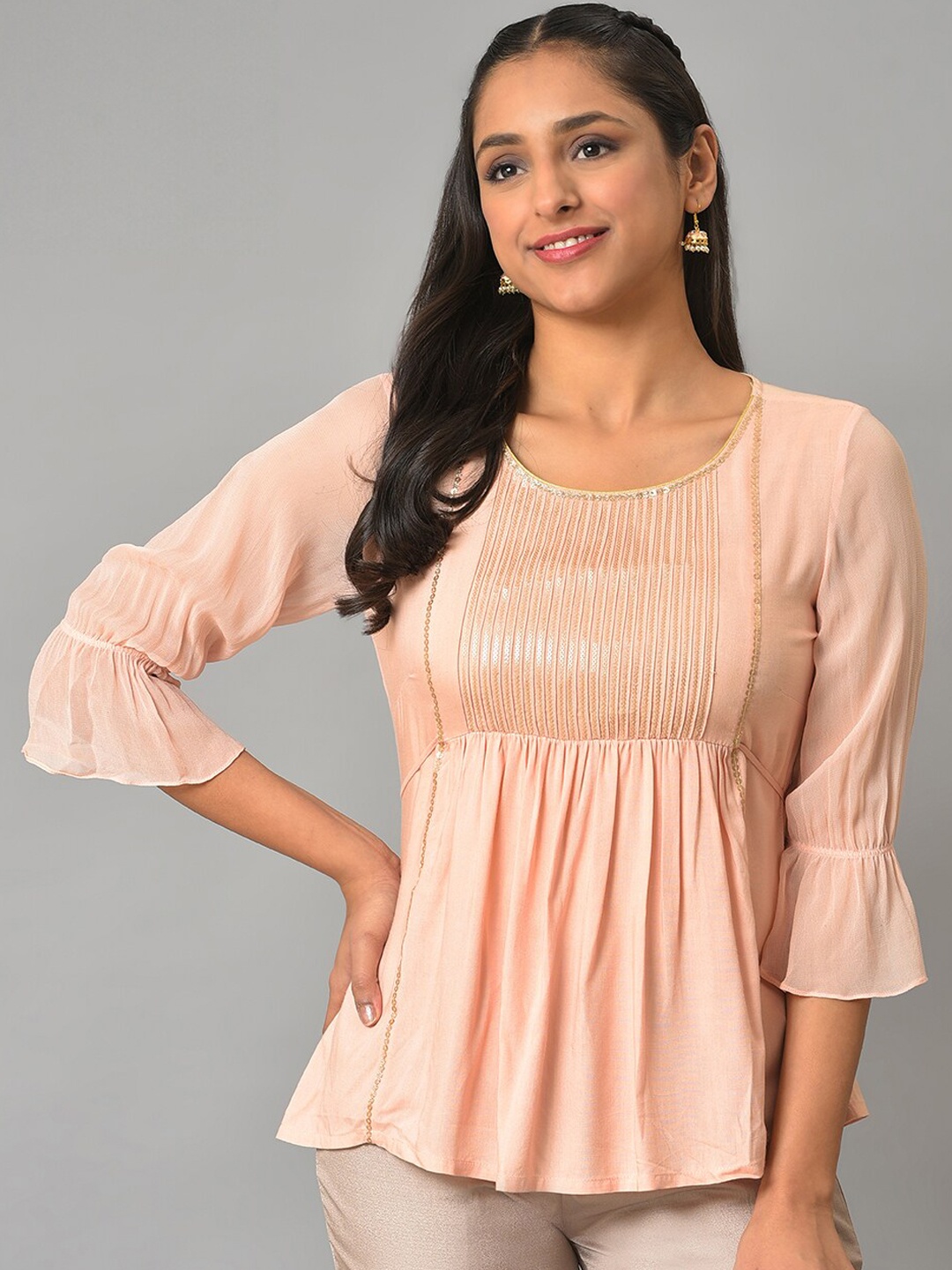 

AURELIA Sequined Top With Trousers Ethnic Co-Ords, Peach