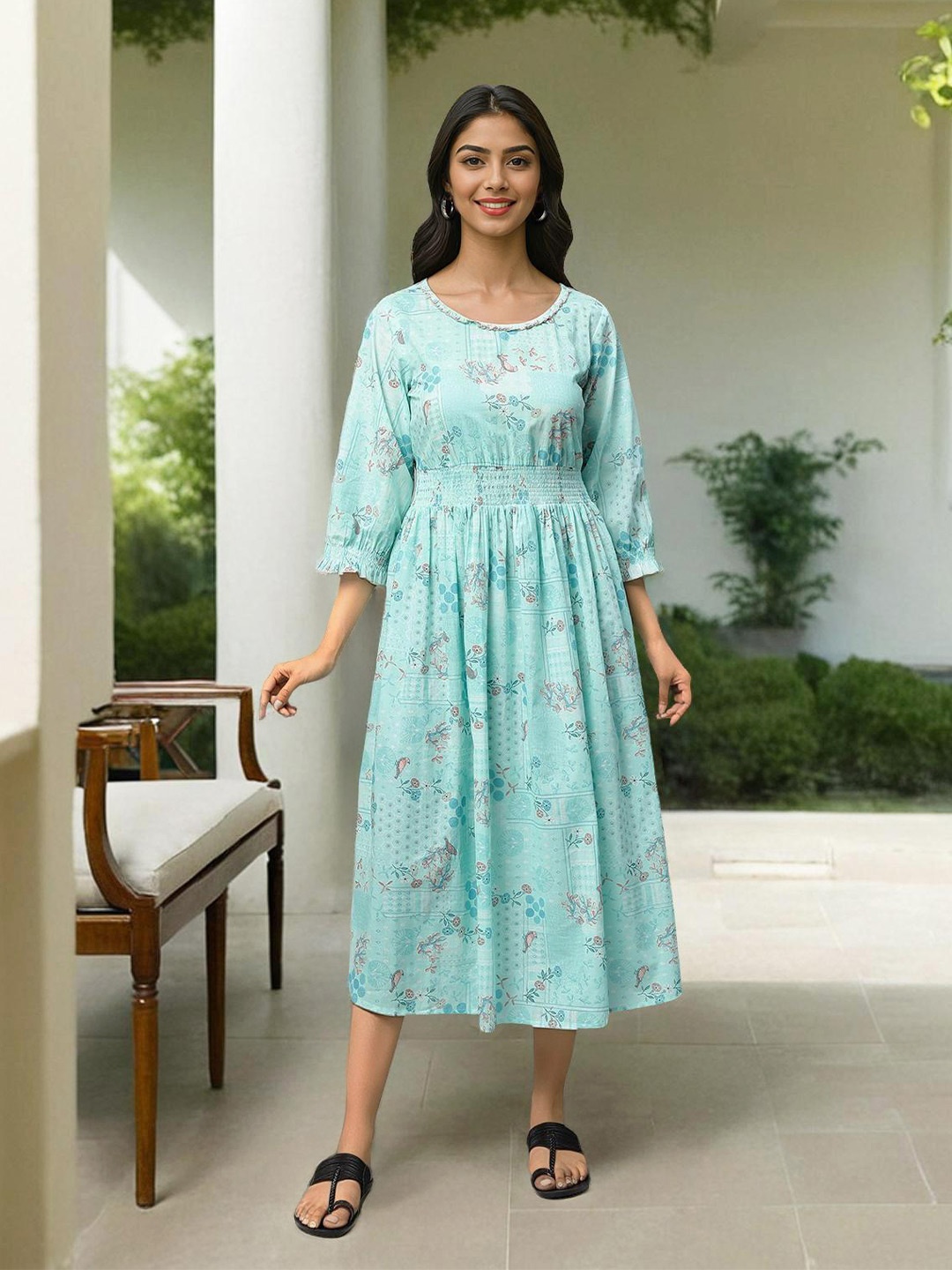 

AURELIA Floral Printed Pure Cotton Fit & Flare Midi Ethnic Dress, Blue
