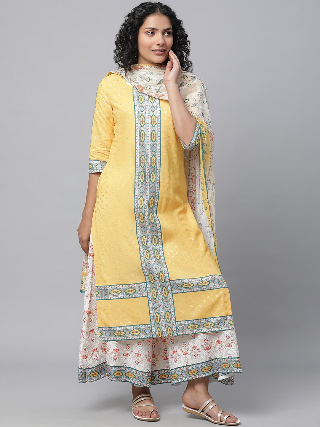 

AURELIA Ethnic Motifs Printed Kurta with Palazzos & Dupatta, Mustard