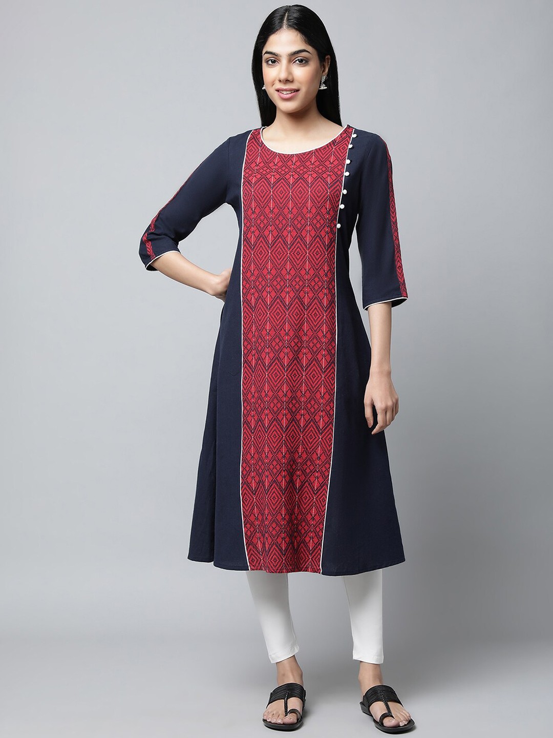 

AURELIA Ethnic Motifs Woven Design Gotta Patti Panelled Pure Cotton Kurta with Leggings, Navy blue