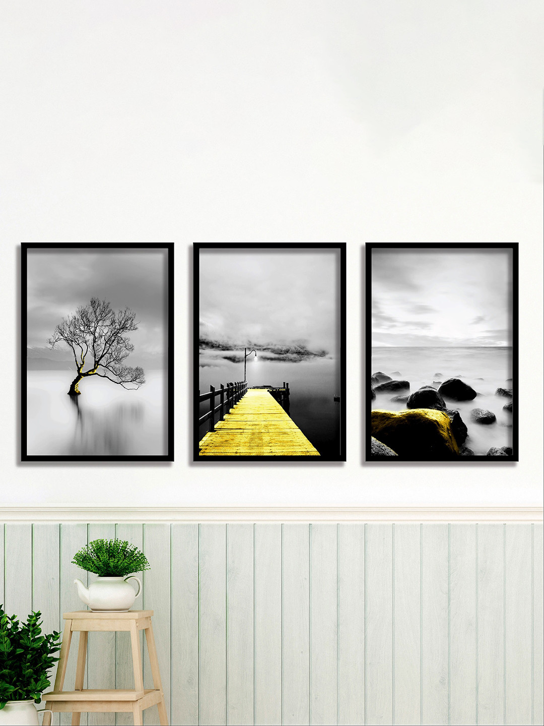 

SAF Grey & Yellow 3 Pieces Bridge & Tree Painting Waterproof Wall Arts