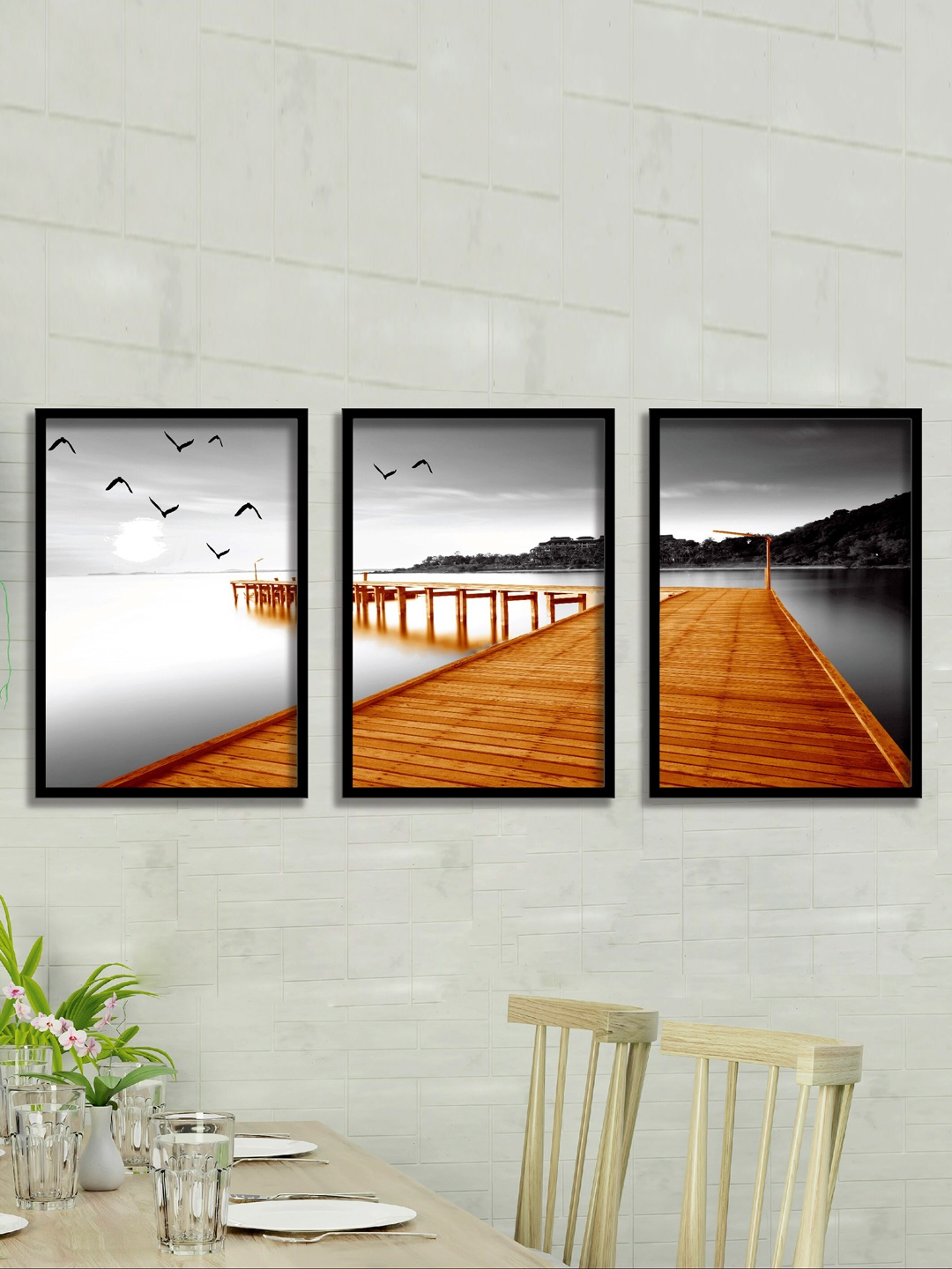 

SAF Grey & Brown 3 Pieces Water Bridge & Birds Painting Waterproof Wall Arts