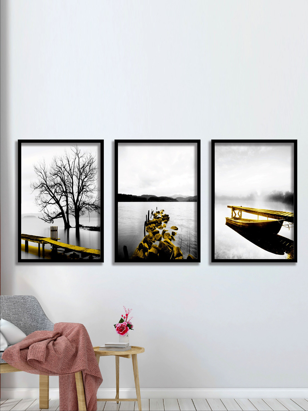 

SAF White & Black 3 Pieces Water Bridge & Boat Painting Waterproof Wall Arts