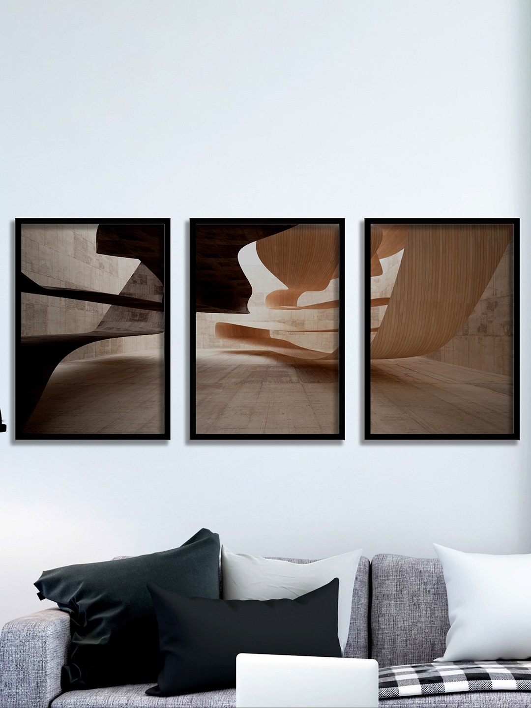 

SAF Beige & Black 3 Pieces Abstract Painting Waterproof Wall Arts