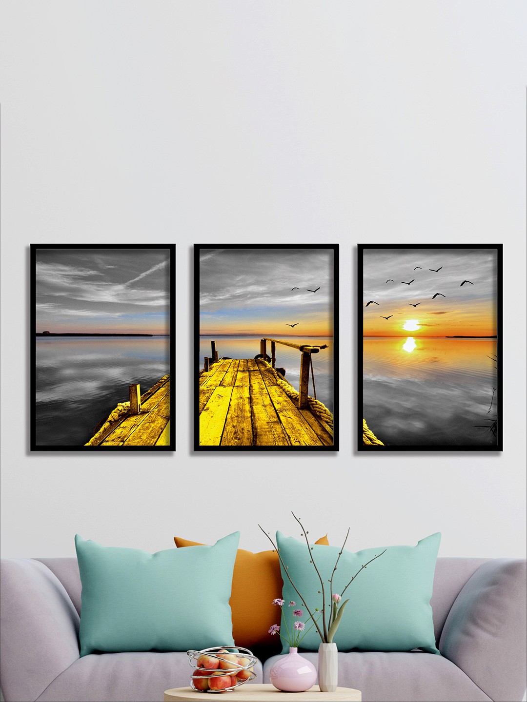 

SAF Grey & Yellow 3 Pieces Water Bridge & Sun Painting Waterproof Wall Arts
