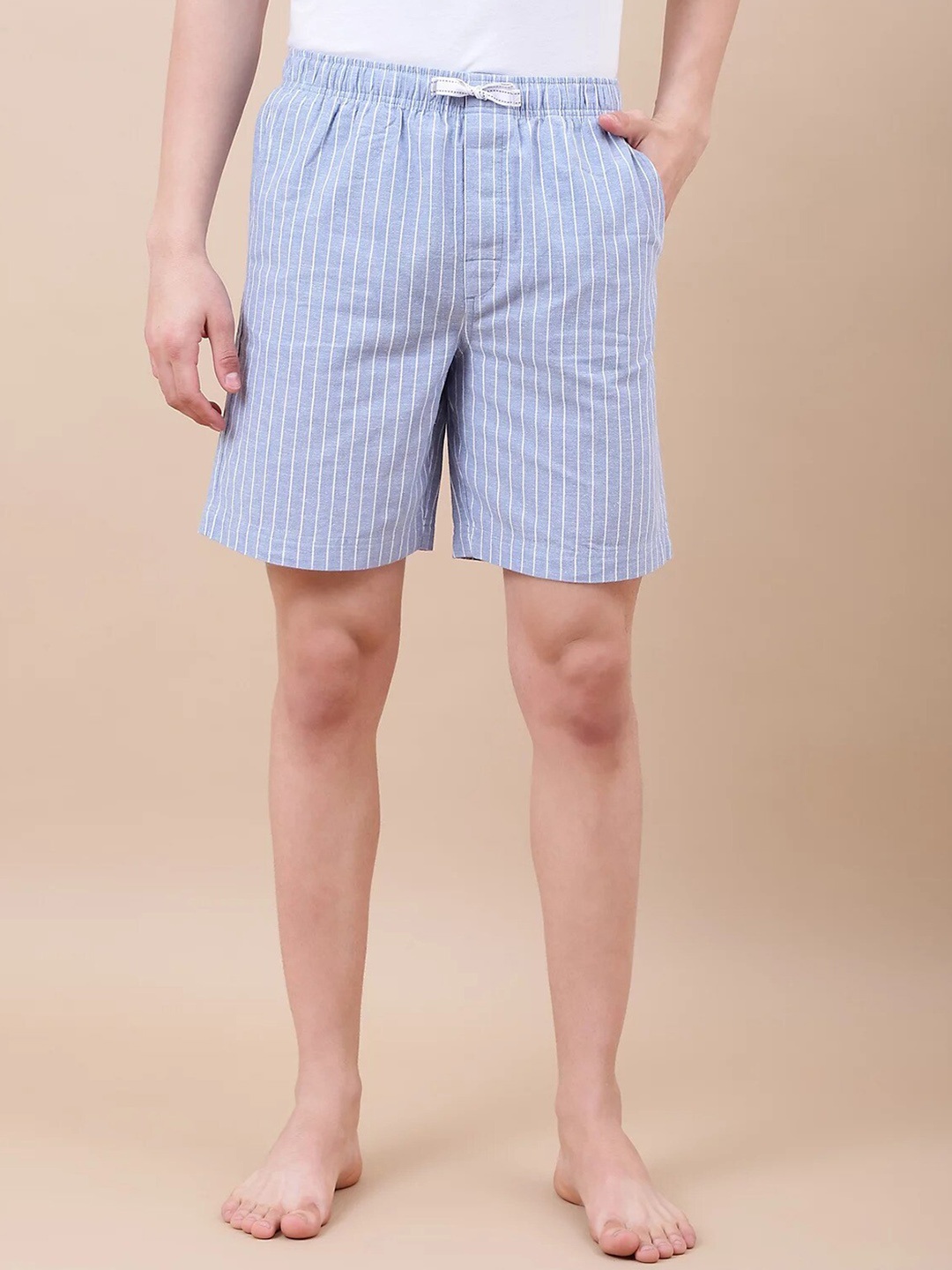 

Marks & Spencer Men Striped Cotton Linen Lounge Shorts, Blue