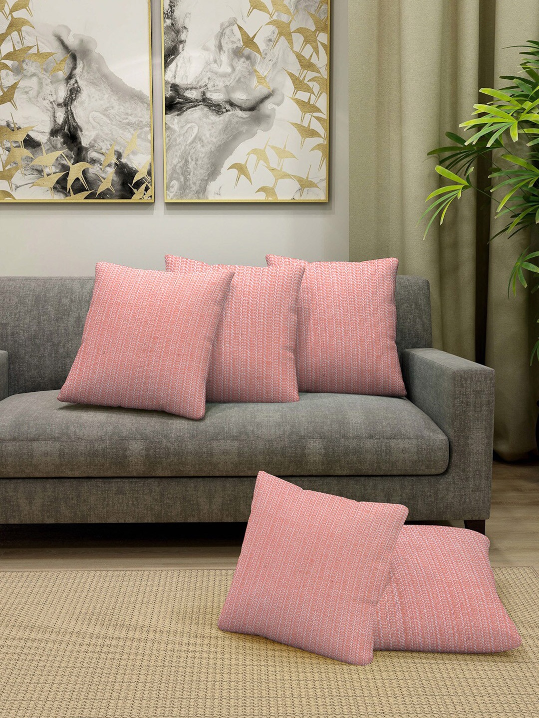 

KLOTTHE Pink 5 Pieces Self Design Cotton Square Cushion Covers