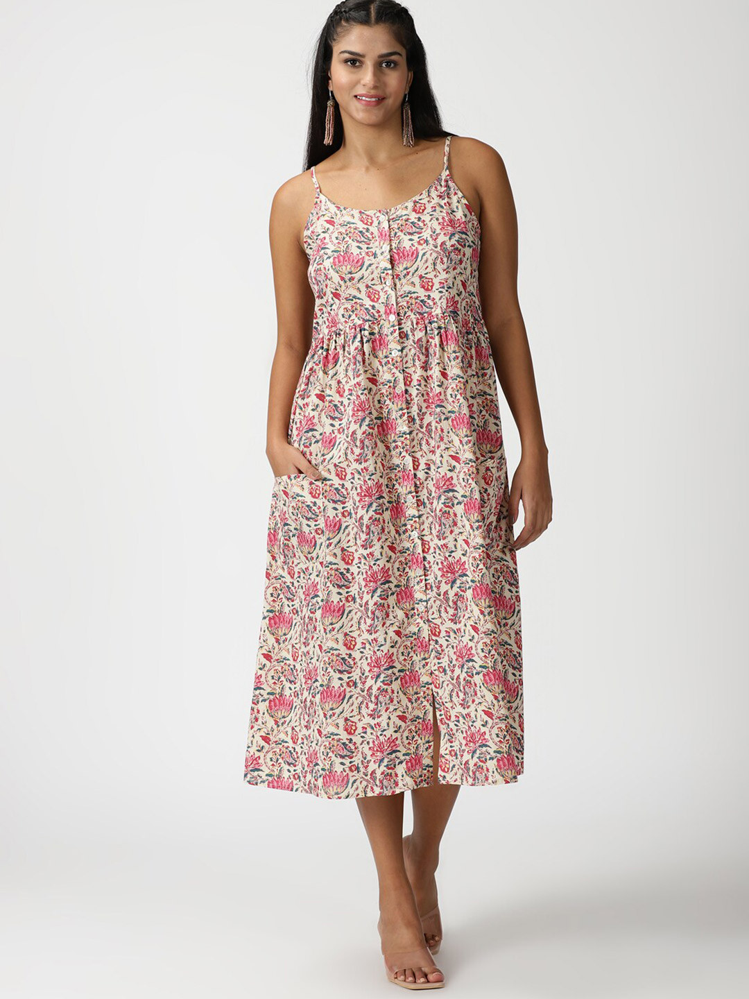 

Saffron Threads Floral Printed Cotton A-Line Midi Dress, Cream