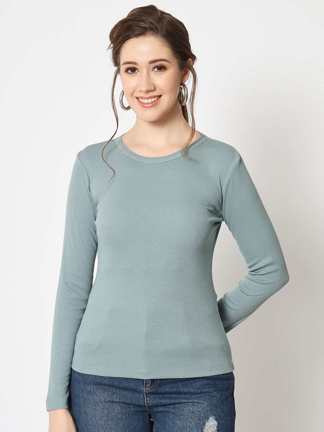 

CHARMGAL Round Neck Long Sleeves Liva Top, Teal