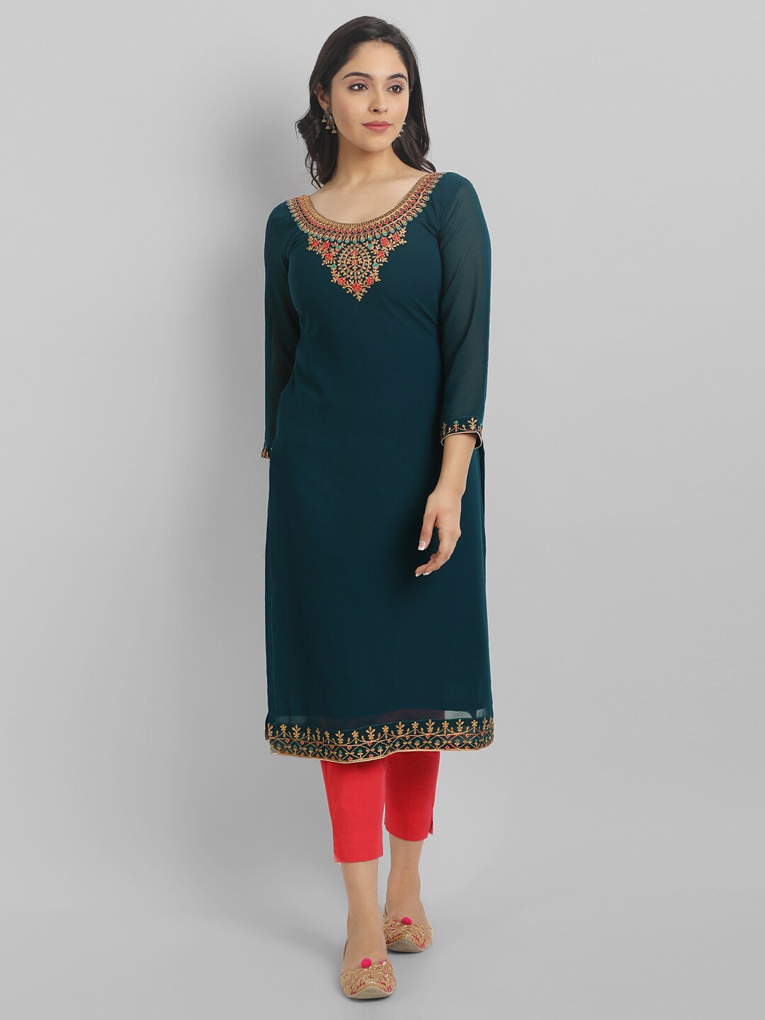 

Femvy Floral Yoke Design Thread Work Georgette Kurta, Teal
